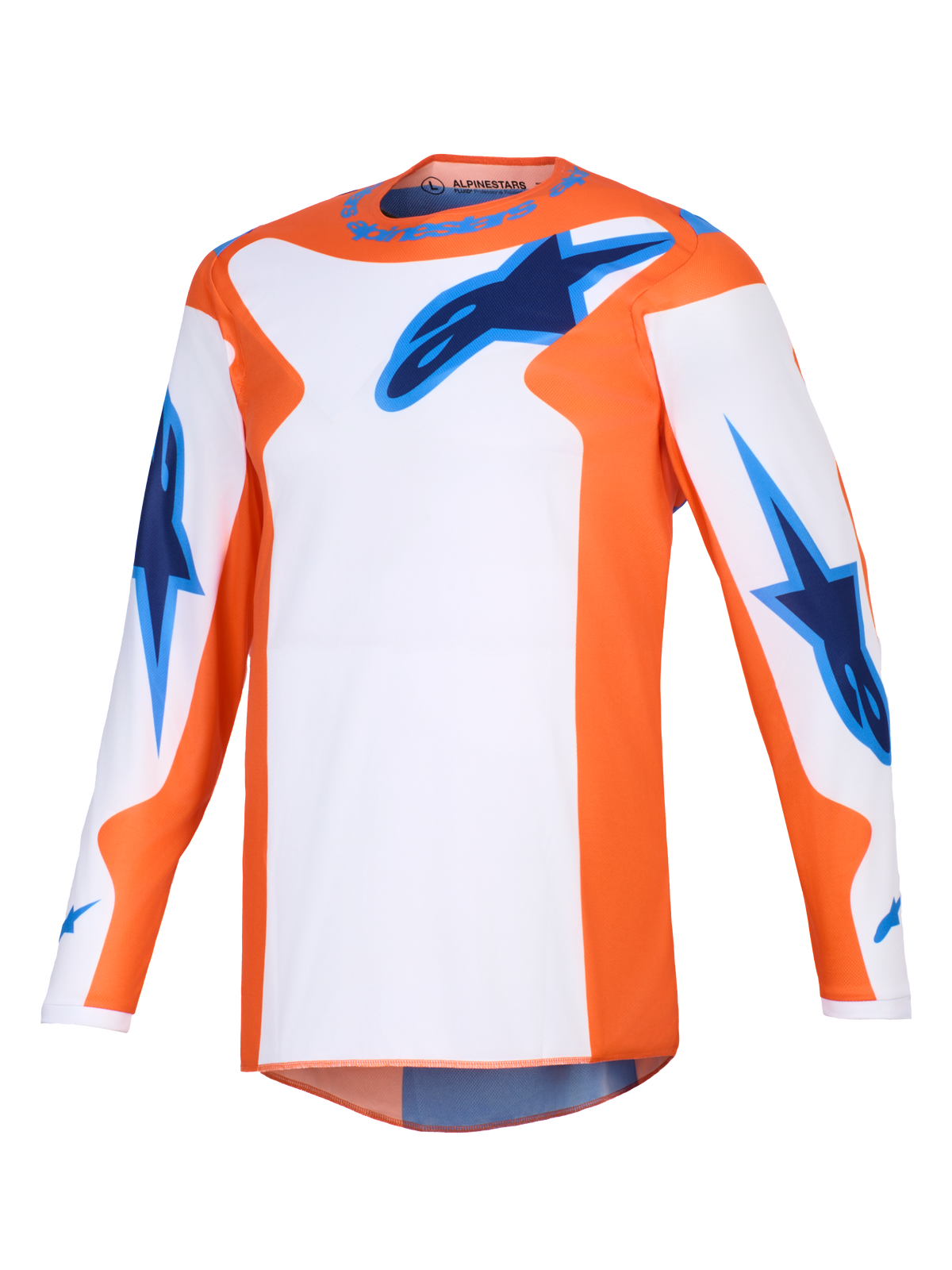 Alpinestars 2026 Fluid Grid Jersey, Motocross Jersey, Orange White and UCLA Blue, long-sleeve performance gear with blue star logos on the chest and sleeves, athletic fit for off-road riding.