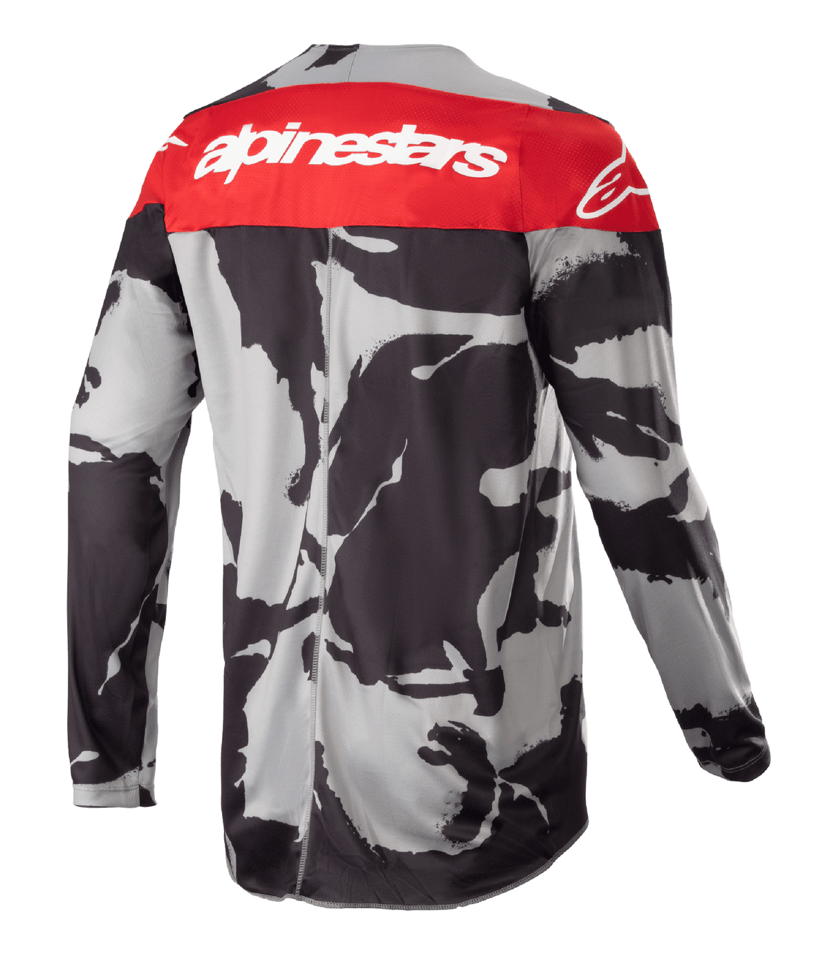 Alpinestars 2023 Racer Tactical Jersey, motorcross jersey, Cast Gray Camo en Mars Red, achteraanzicht met een rood bovenpaneel met wit Alpinestars logo en een grijs-zwart camouflagepatroon, lichtgewicht off-road kleding