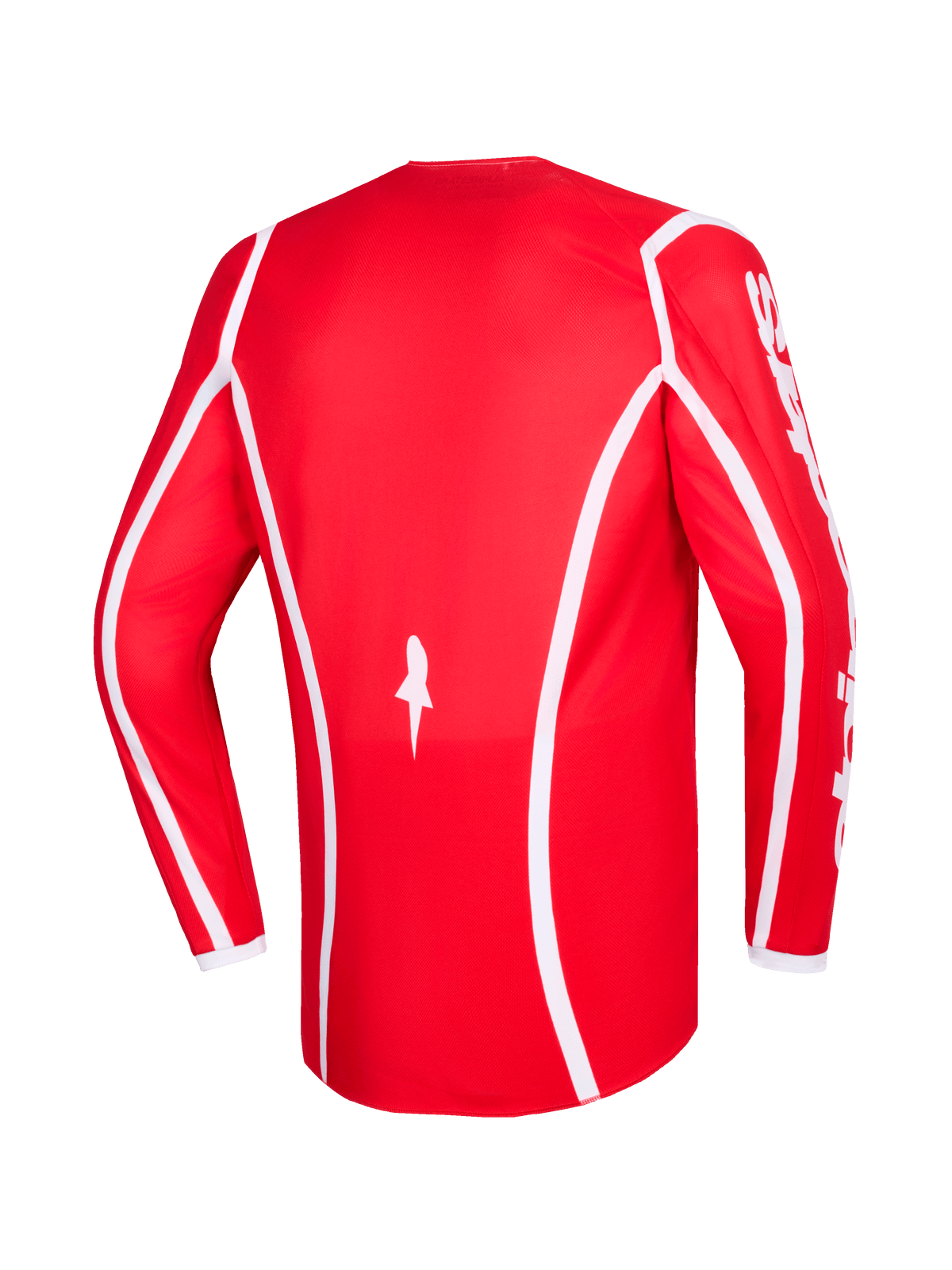 Alpinestars 2026 Fluid Apex Jersey, rood en wit, achteraanzicht van motocross-shirt met lange mouwen met witte gebogen accentlijnen, sterlogo aan de onderkant en witte Alpinestars-tekst op de mouwen, ontworpen voor off-road racing
