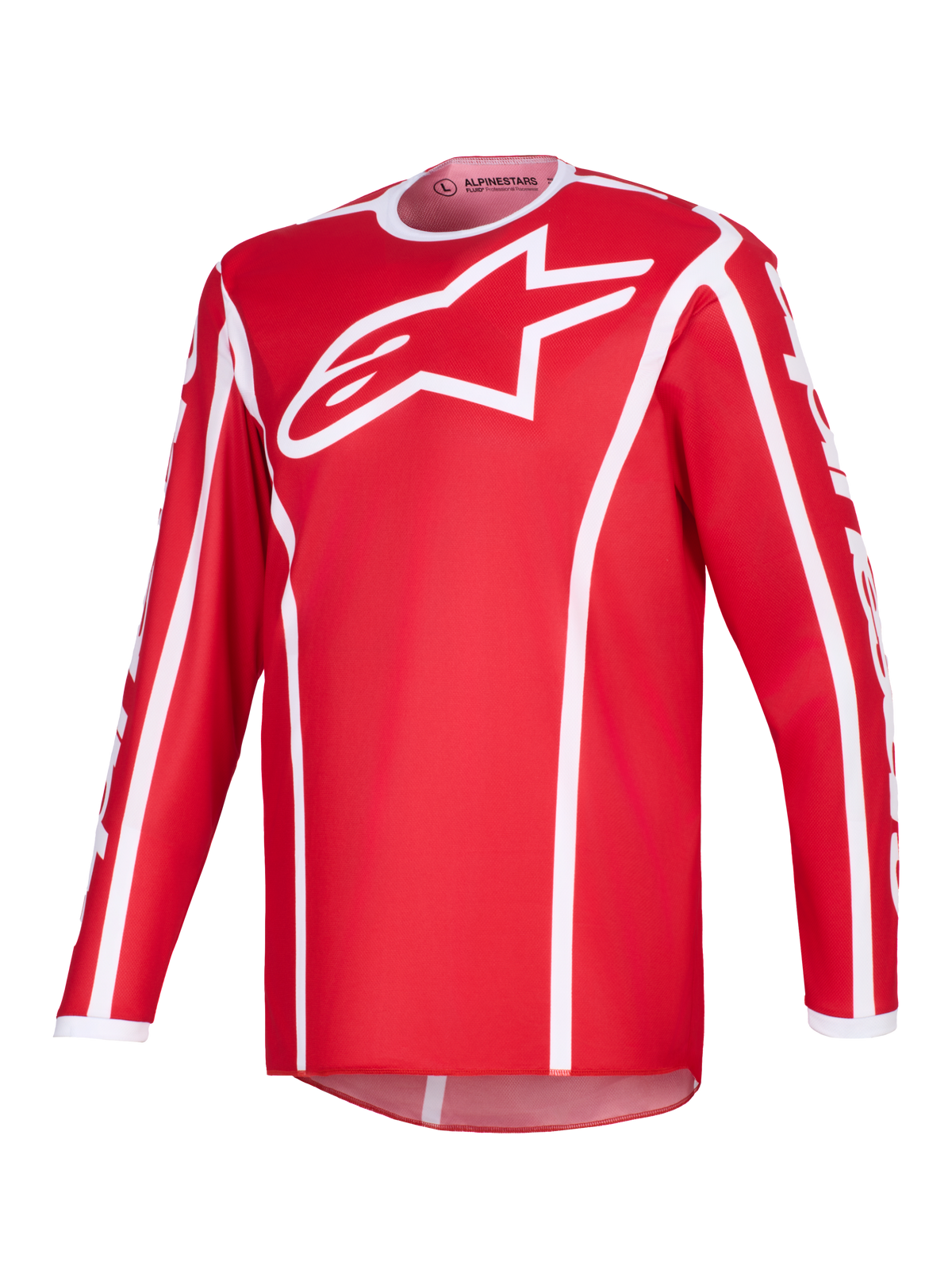 Alpinestars 2026 Fluid Apex Jersey, motorcross jersey, rood en wit, met een groot wit A-star logo op de borst, witte sportkraag, verticale piping en verlengde achterzoom voor off-road prestaties.