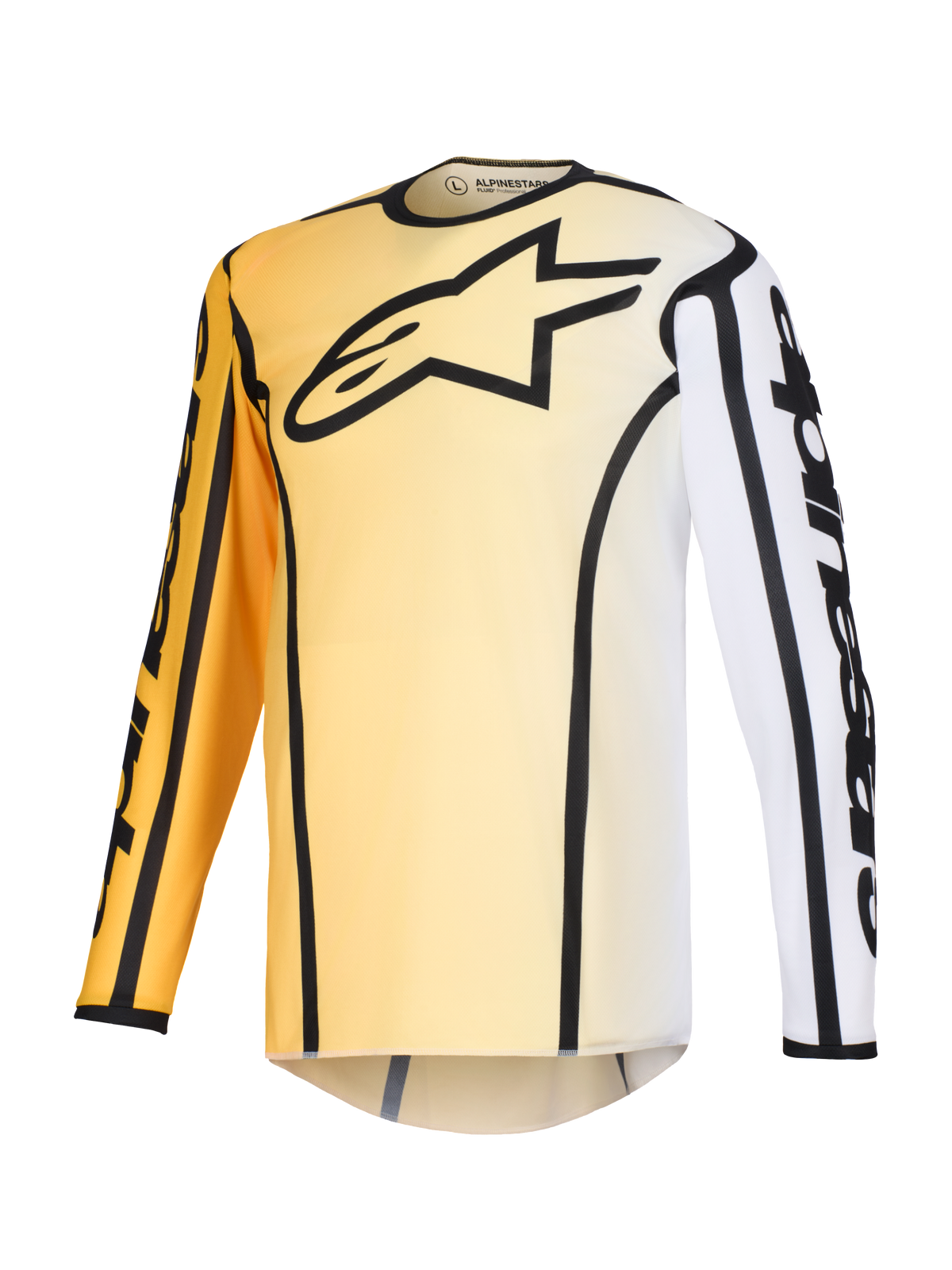 Alpinestars 2026 Fluid Apex Jersey, motorcross jersey, geel en wit kleurverloop met zwarte accenten, groot zwart sterlogo op de borst, opvallende zwarte lijnen langs de naden en Alpinestars-branding op de mouwen, technisch shirt met lange mouwen voor off-road racen.