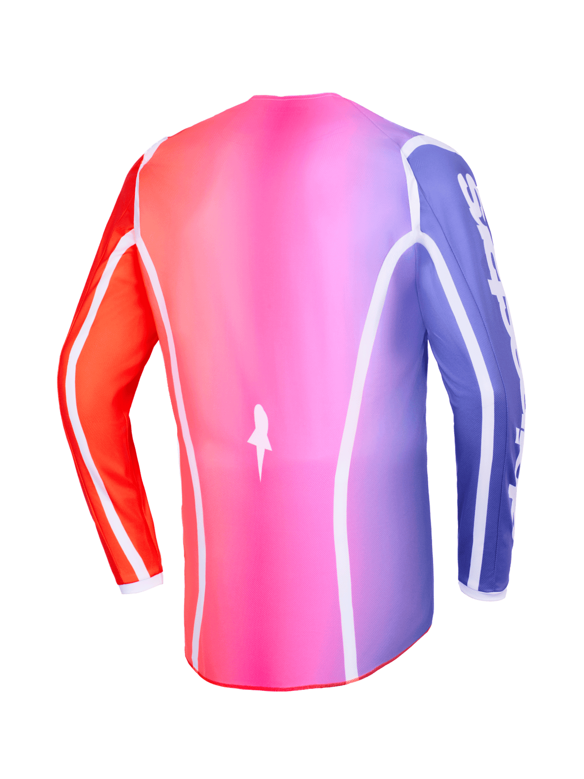 Alpinestars 2026 Fluid Apex Jersey, Back view, Multicolor pink purple and orange gradient, featuring white curved piping and an extended rear hem, professional motocross and off-road apparel