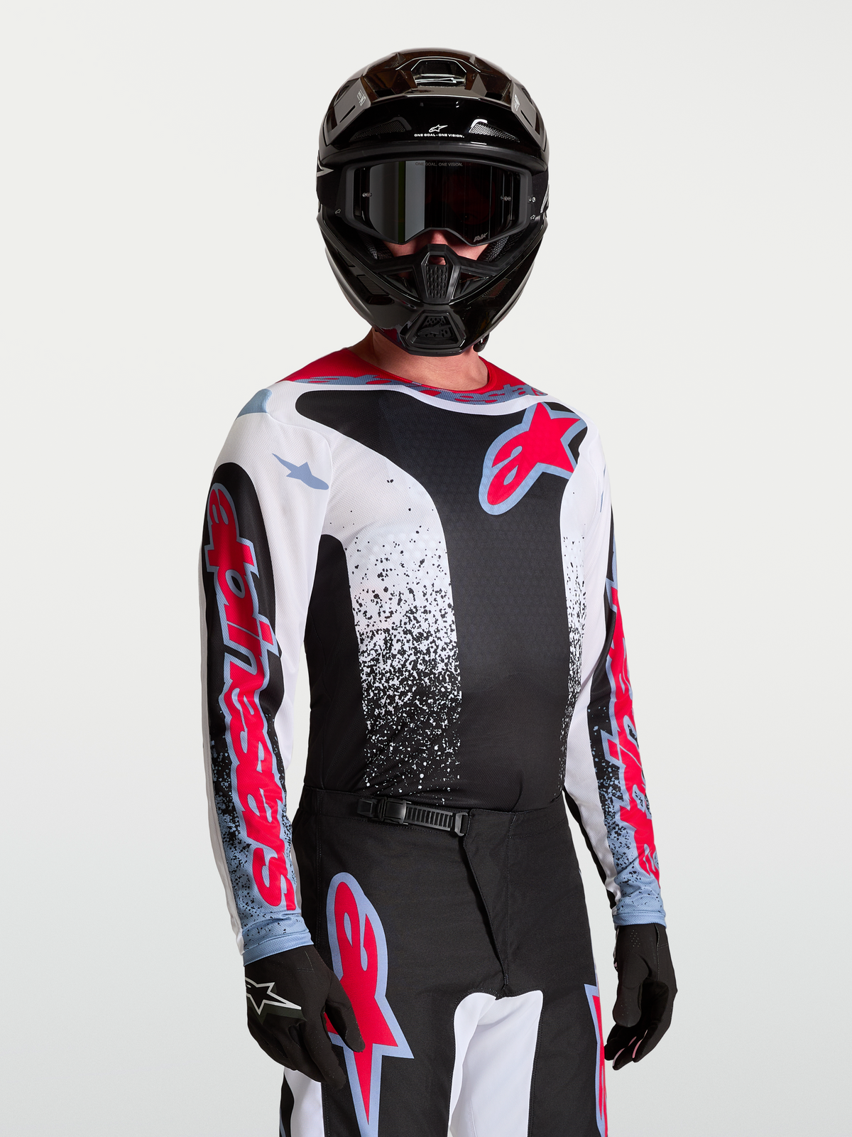 Alpinestars Fluid Drag jersey, heren motorcrossjersey, zwart en wit met rood en blauw, ademend en lichtgewicht polyfabric, ideaal voor off-road rijden.