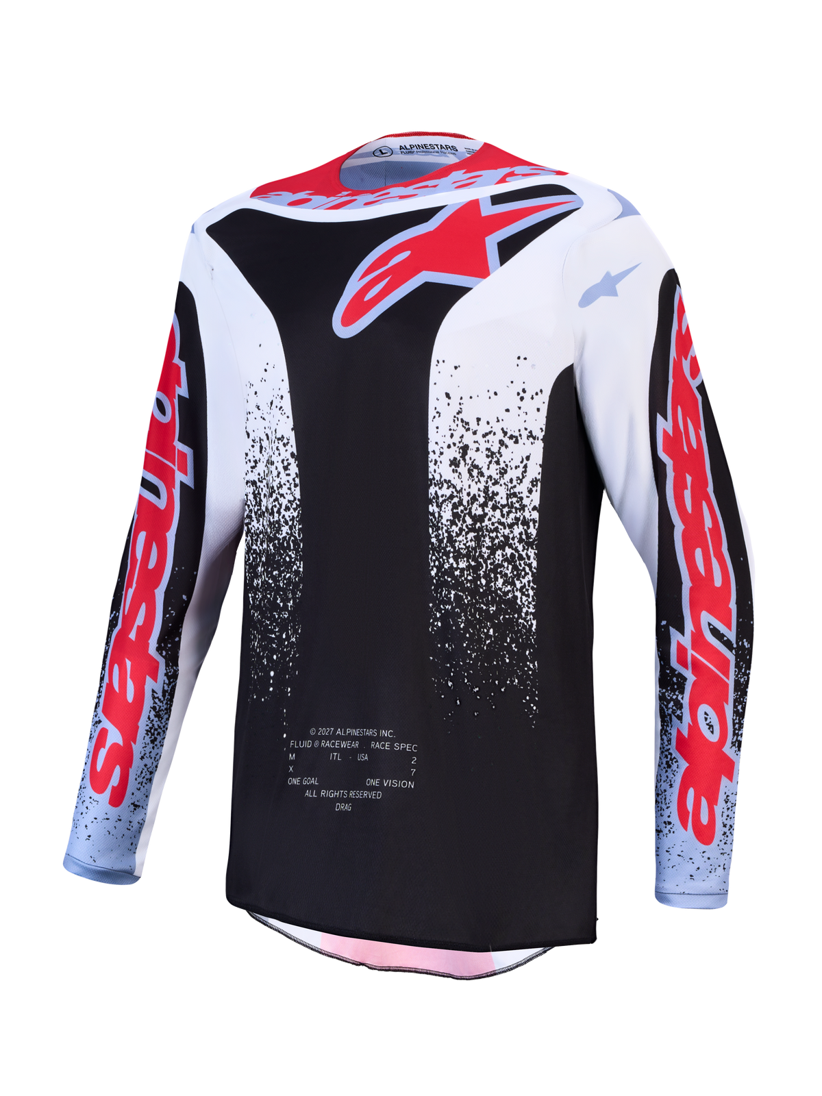 Alpinestars Fluid Drag jersey, zwart en wit met rode graphics, vochtafvoerende en ademende motorcrossjersey voor off-road.
