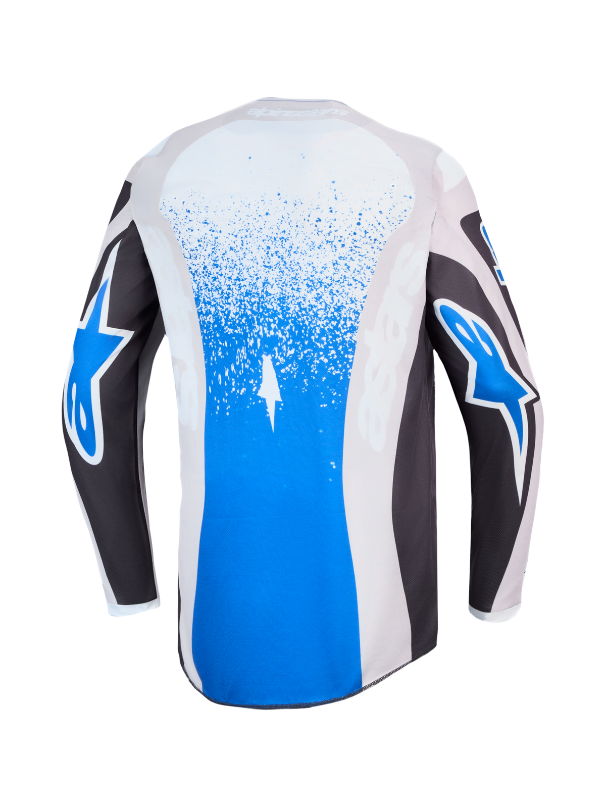 Alpinestars Fluid Drag Jersey, blauwe en grijze motorcrossjersey, achteraanzicht met spatgraphics en sterlogo's.
