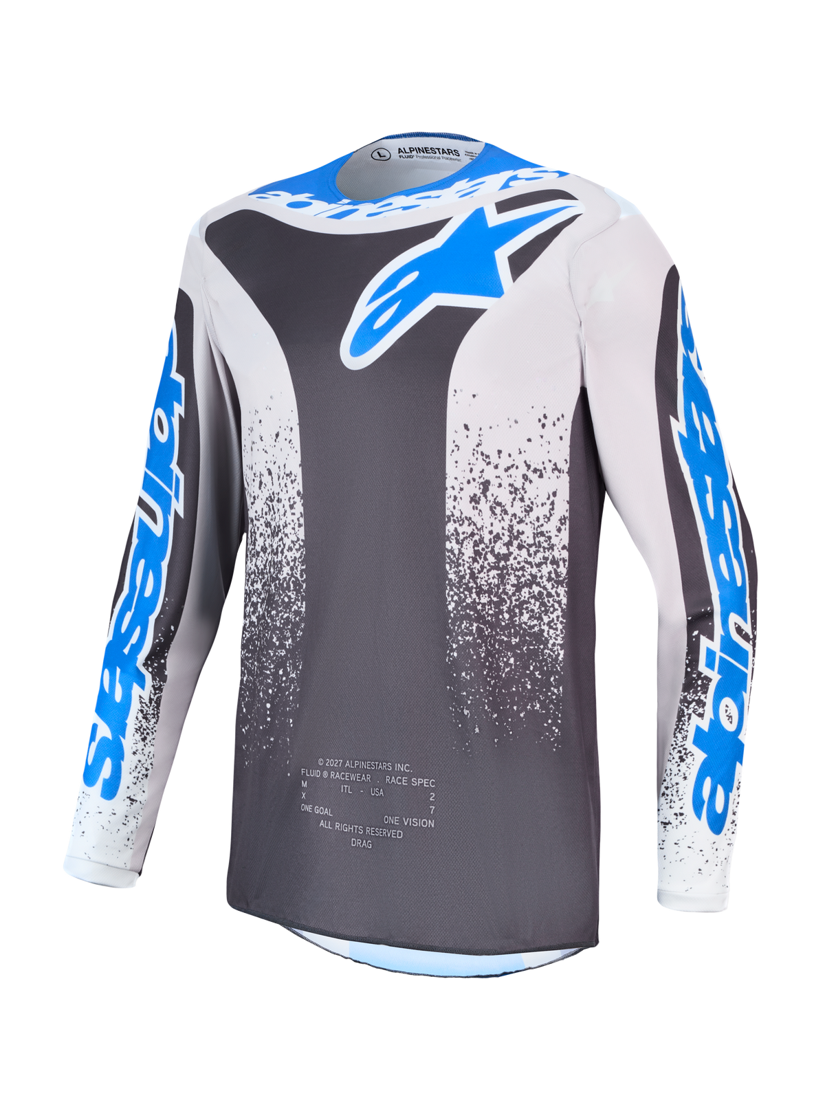 Alpinestars Fluid Drag jersey, motorcrossjersey voor heren, grijs en blauw, lichtgewicht vochtafvoerend polyweefsel.