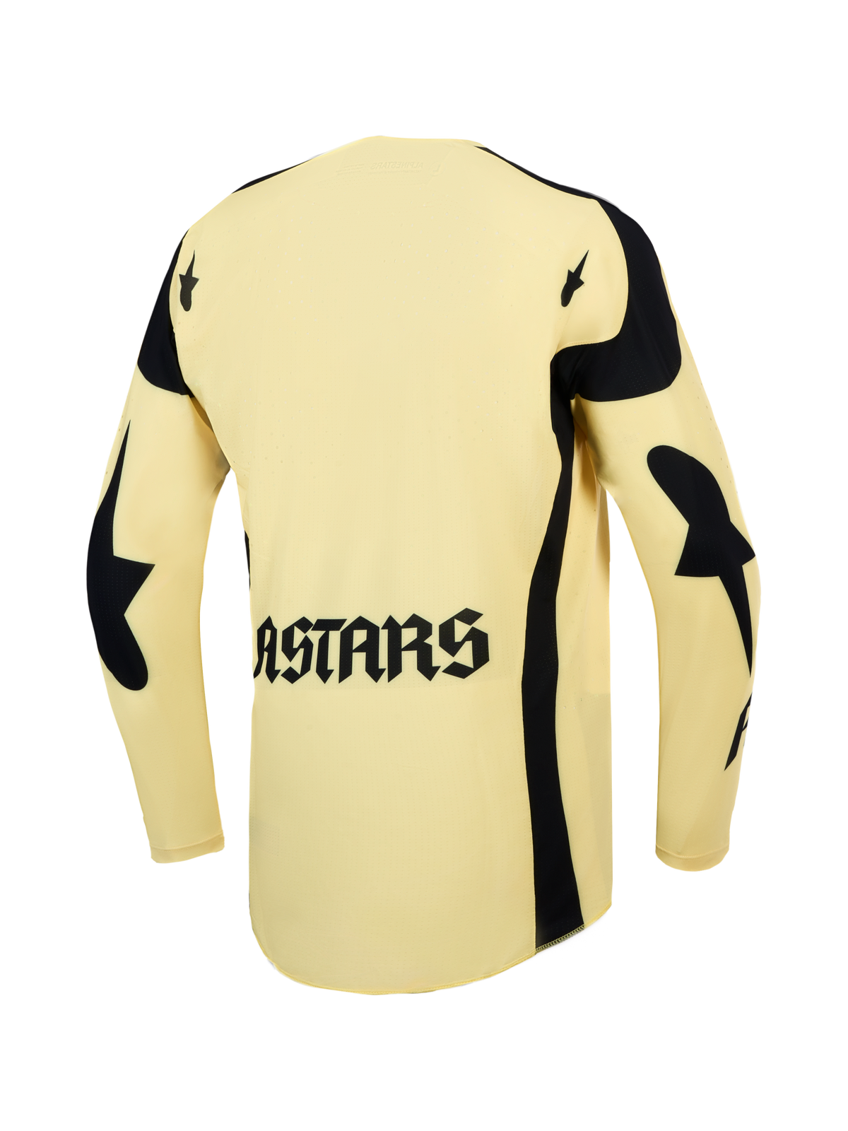 Alpinestars Techstar Atrox jersey, herenmotorcrossjersey, geel en zwart, achteraanzicht met ASTARS-logo en laserperforaties.