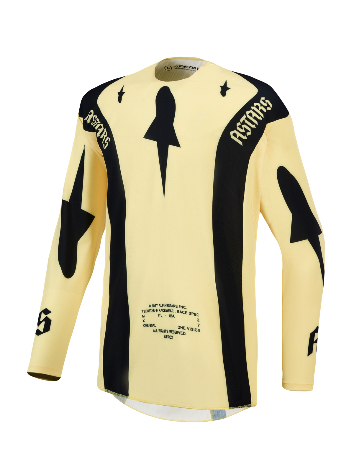 Alpinestars Techstar Atrox jersey, heren motorcross-jersey, geel en zwart, ademende lasergesneden perforaties.