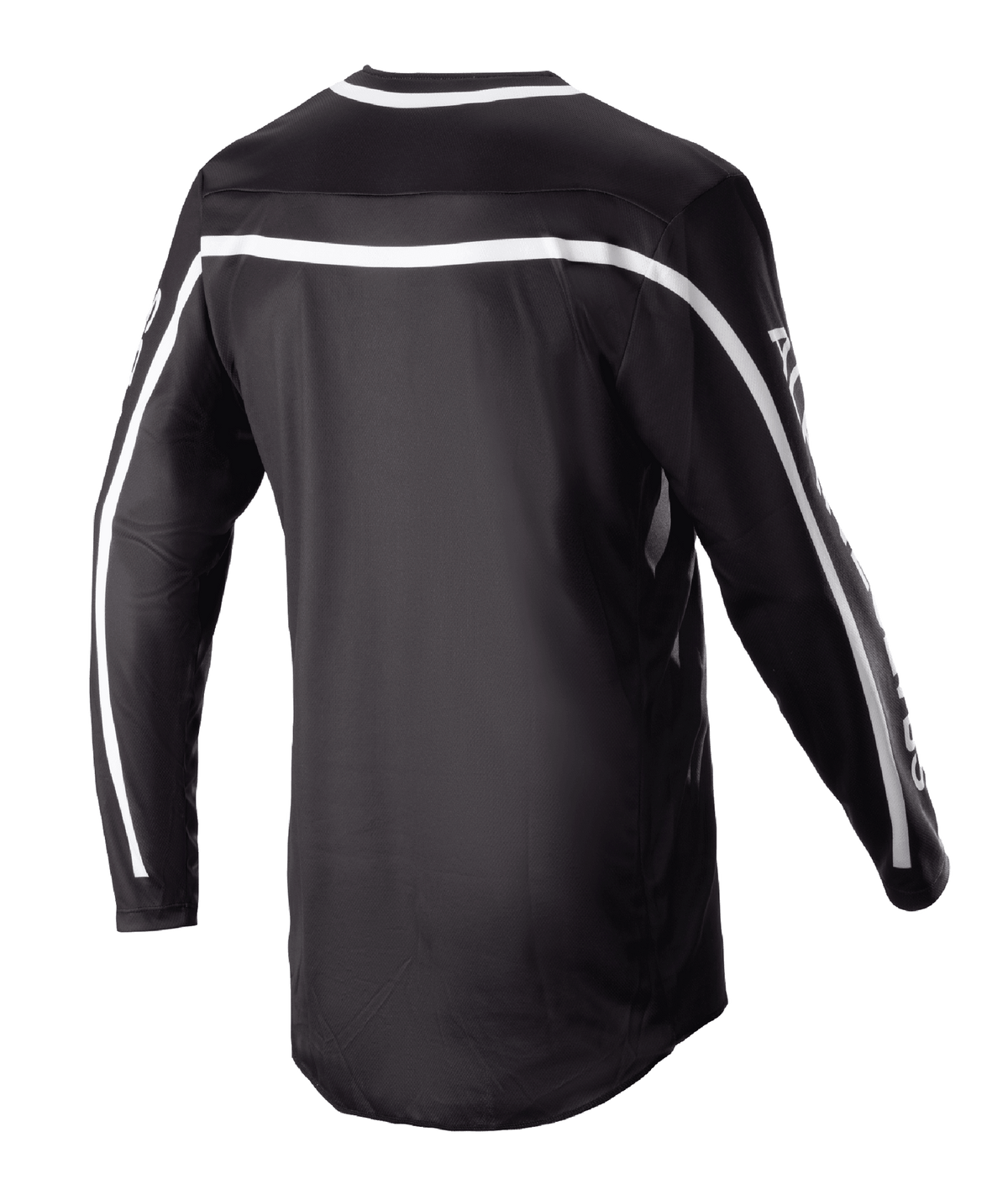 Alpinestars 2023 Racer Found Jersey, zwart motocross shirt, achteraanzicht met witte strepen over de schouders en mouwen, ontwerp met lange mouwen en een verlengde achterkant voor bedekking, lichtgewicht en ademende performance kleding