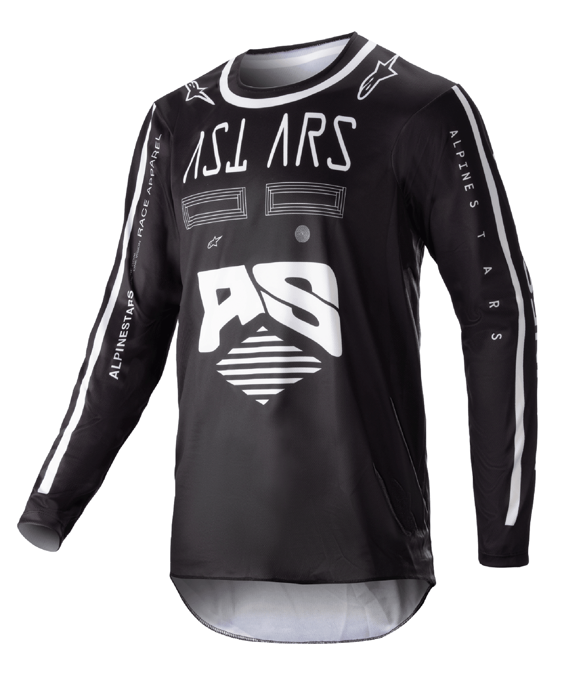 Alpinestars 2023 Racer Found Jersey, zwart motocross-shirt met lange mouwen, witte abstracte graphics en groot AS-logo, ASTARS-branding op de borst, ronde hals met witte bies, technische racekleding