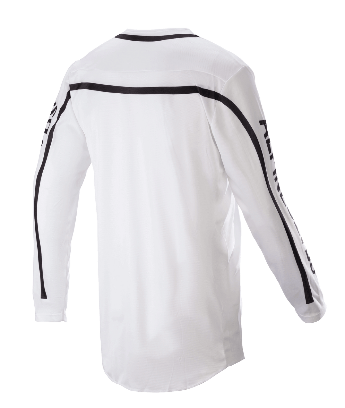 Alpinestars 2023 Racer Found Jersey, motocross jersey, wit, achteraanzicht met zwarte strepen over de schouders en mouwen, verlengde achterkant voor extra bedekking, lichtgewicht poly-stof constructie