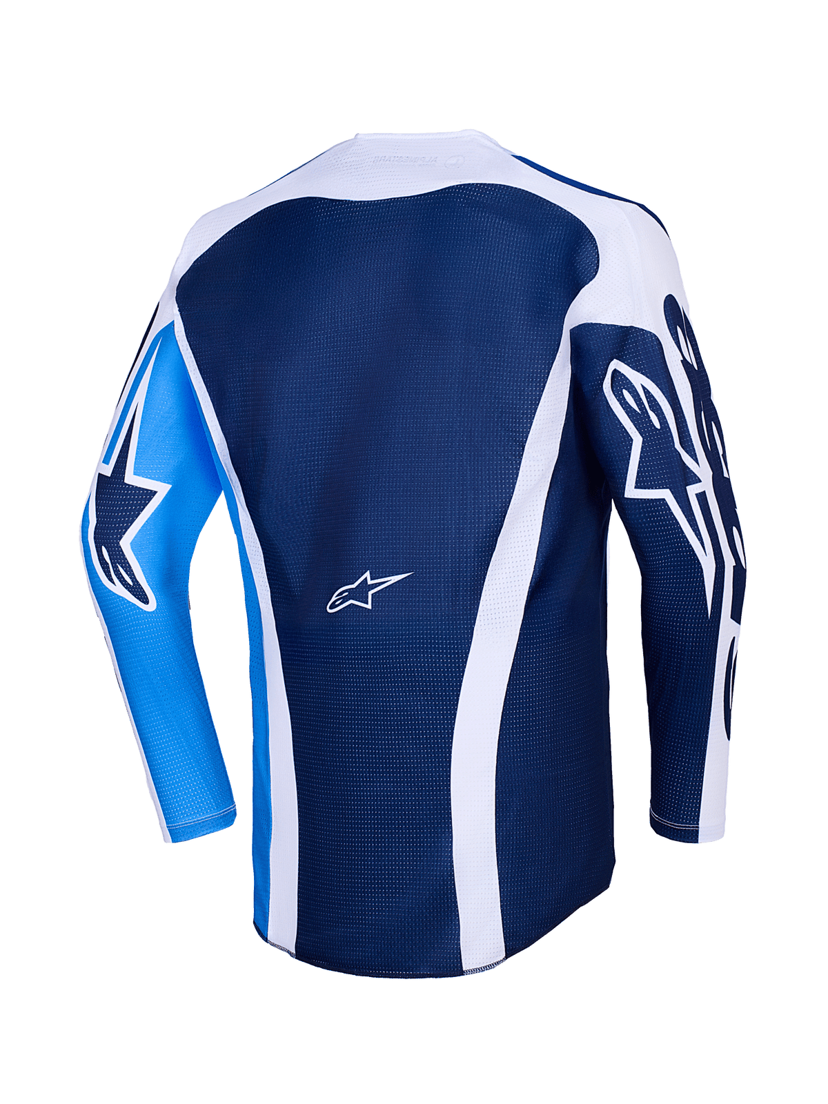 Alpinestars 2026 Racer Air Portl Jersey, achteraanzicht, Ucla Blue en wit, donkerblauwe mesh body met witte gebogen accenten, helderblauwe linkermouw met donkerblauw sterlogo, donkerblauwe rechtermouw met wit sterlogo, ademend motocross performance shirt