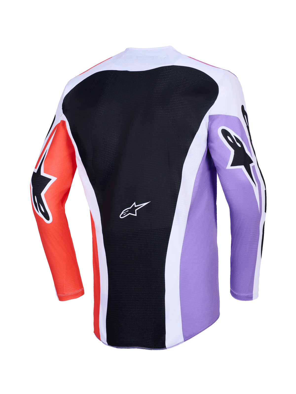Alpinestars 2026 Racer Air Portl Jersey, achteraanzicht van motorcrossjersey met lange mouwen, meerkleurig ontwerp met een zwart mesh rugpaneel, paarse en oranje mouwen met zwarte ster-logo's, witte accenten en ademende constructie voor off-road rijden.