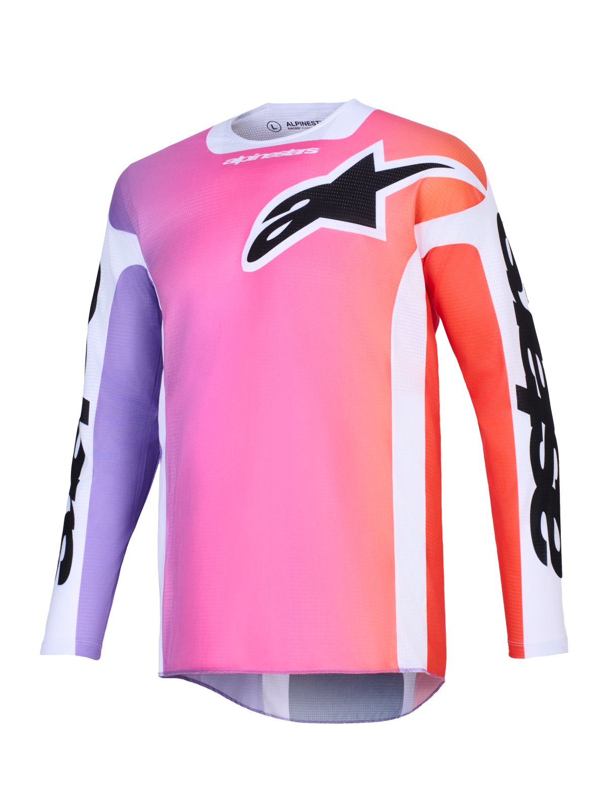 Alpinestars 2026 Racer Air Portl Jersey, motorcross shirt, multicolor kleurverloop met roze, paars en oranje, groot zwart Astars-logo op de borst, witte zijpanelen, ademende mesh stof met lange mouwen en een verlengde achterkant.