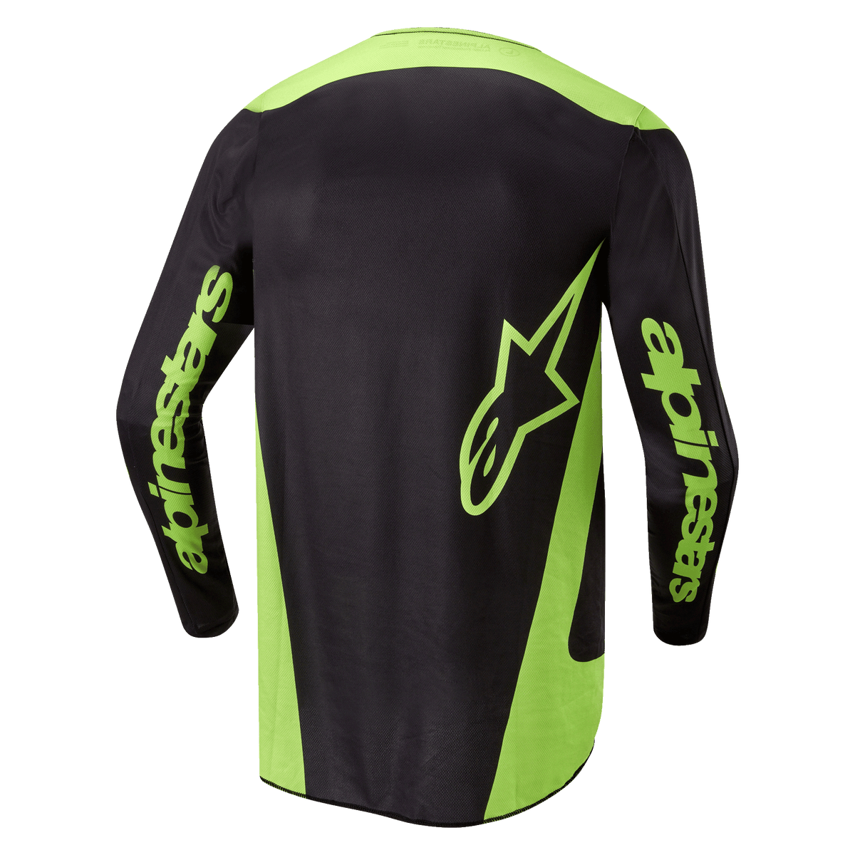 Alpinestars 2024 Fluid Lurv Jersey, motorcross shirt, zwart en geel fluo, achteraanzicht met neongele zijpanelen, een groot sterlogo op de onderrug en Alpinestars-branding op de mouwen