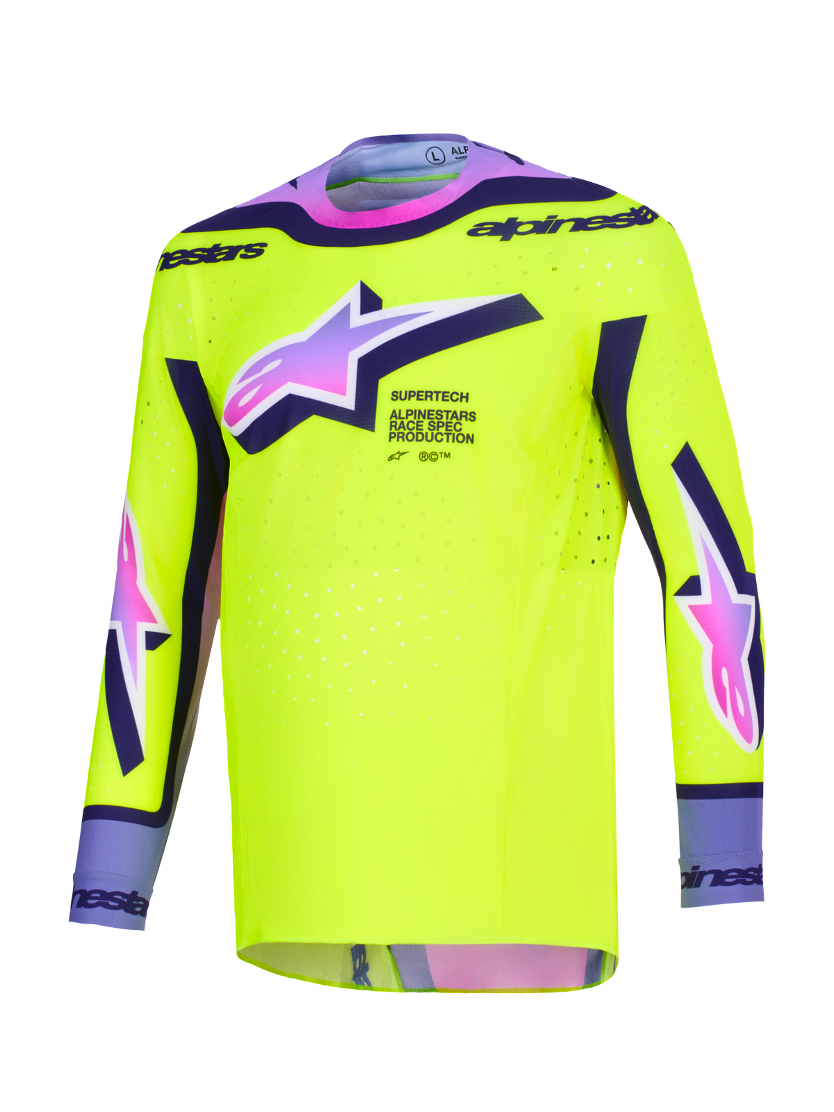 Alpinestars 2026 Supertech Vista Jersey, motocross jersey, felgeel met paarse en zwarte accenten, roze-naar-paars kleurverloop Astars-logo's, atletische racepasvorm met laser-gesneden perforaties voor off-road raceprestaties