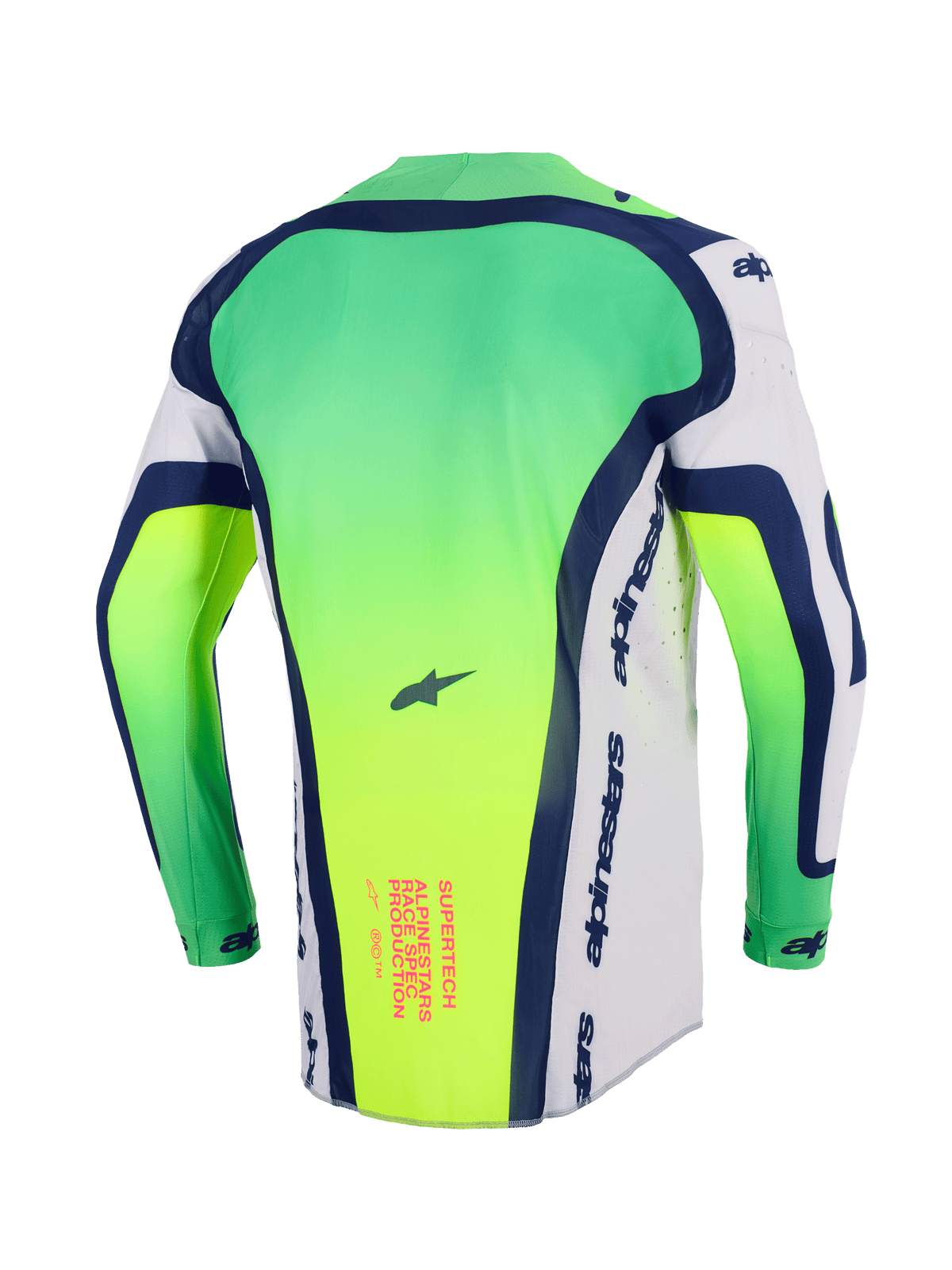 Alpinestars 2026 Supertech Vista Jersey, motorcross shirt, neongroen, wit en marineblauw, achteraanzicht met verlengd rugpand, lasergesneden perforaties aan de zijkanten, roze grafische tekst op de onderrug, professionele lichtgewicht racekleding