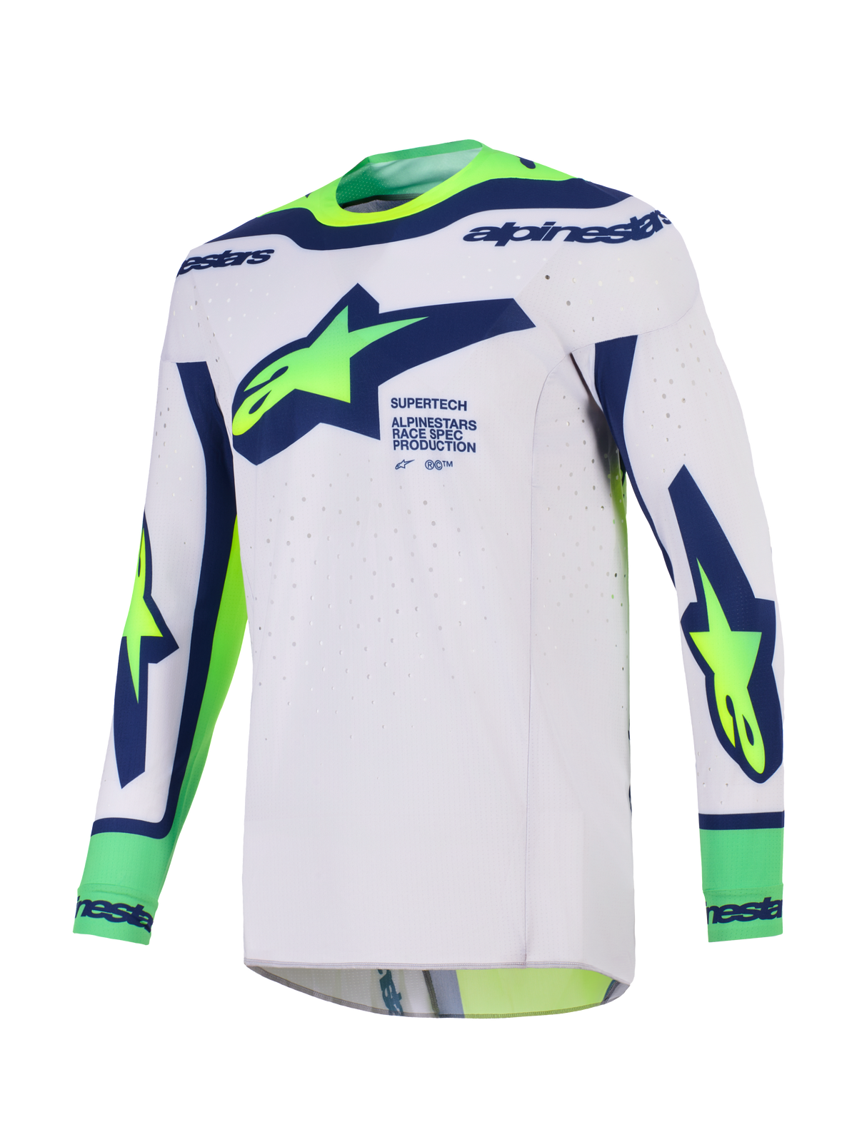 Alpinestars 2026 Supertech Vista Jersey, motorcross jersey, lichtgrijs met blauw en geel fluo, voorzien van groot Alpinestars-logo op de borst, lasergesneden ventilatiegaten en naadloze constructie voor off-road racing