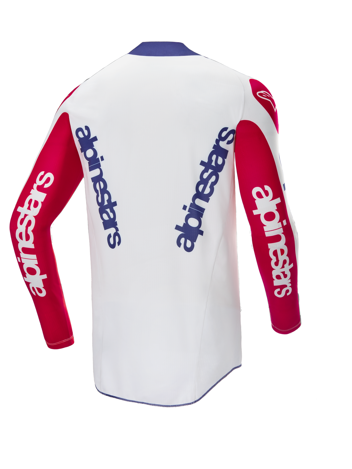 Alpinestars Limited Edition Techstar Fortitude Jersey, achteraanzicht, motocross jersey, wit met rode mouwen en blauwe kraag, voorzien van blauwe en witte Alpinestars logo's, hoogwaardige race-uitrusting