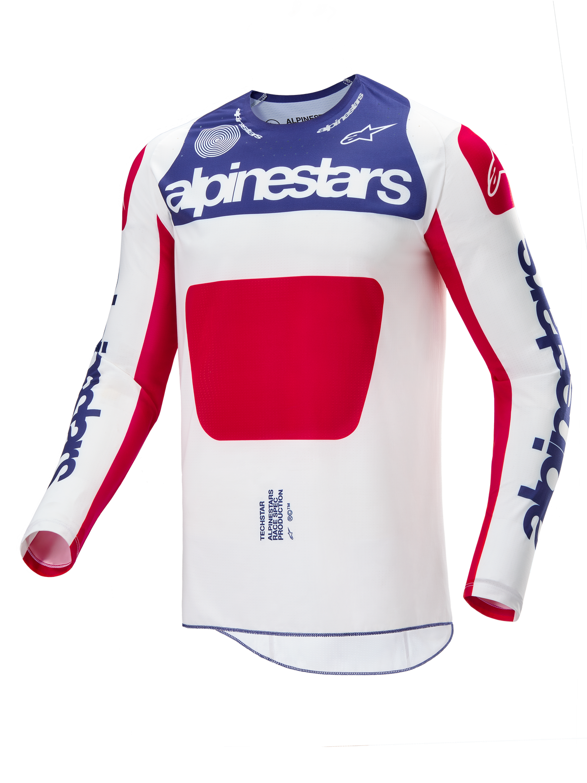 Alpinestars Limited Edition Techstar Fortitude Jersey, motocross shirt, rood, wit en blauw, witte romp met blauw borstpaneel en rode graphic, blauwe Alpinestars-logo's op de mouwen, atletische racepasvorm