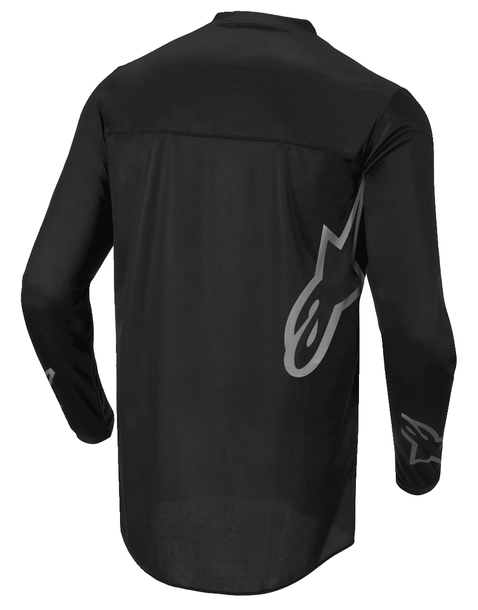 Alpinestars Fluid Graphite Jersey, motocross shirt, zwart en donkergrijs, achteraanzicht, met groot grijs Alpinestars-logo op de zijkant en graphics op de mouwen, lichtgewicht vochtafvoerende stof voor off-road racen