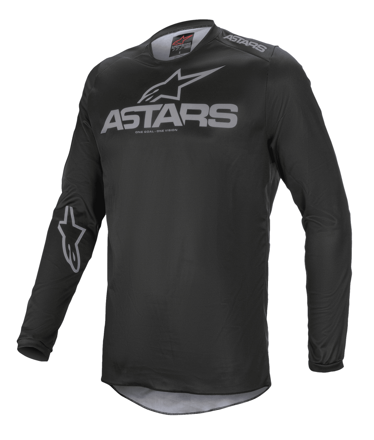 Alpinestars Fluid Graphite Jersey, motorcross jersey, zwart en donkergrijs, met grijs ASTARS-logo op de borst en schouder, sterlogo op de mouw, technische mesh-constructie met lange mouwen voor off-road racing