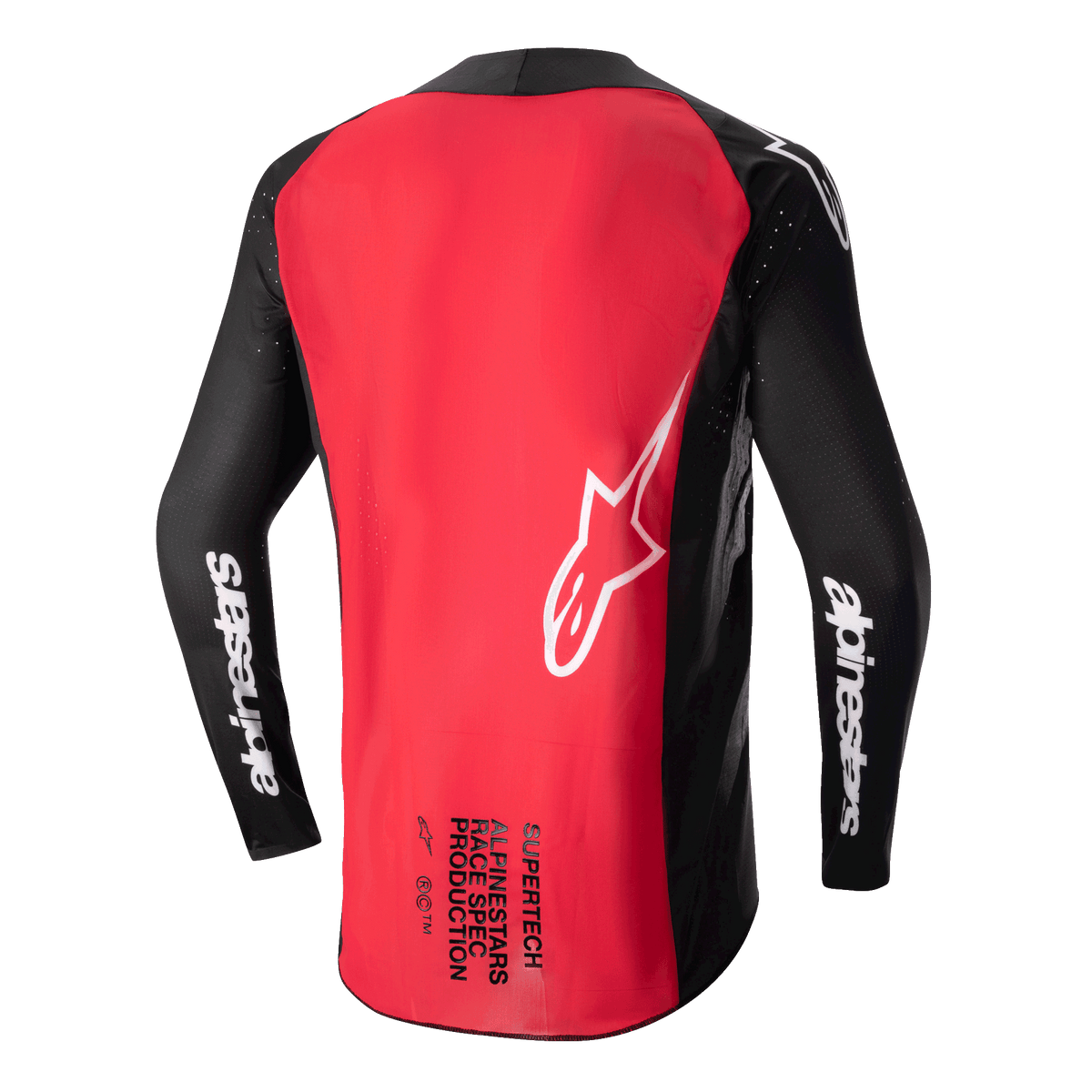 Alpinestars 2024 Supertech Ward Jersey, motorcross shirt, zwart en Red Berry, achteraanzicht met een groot rood rugpaneel, zwarte mesh mouwen met witte Alpinestars-branding, wit sterlogo en Supertech Race Spec-tekst op de onderrug.