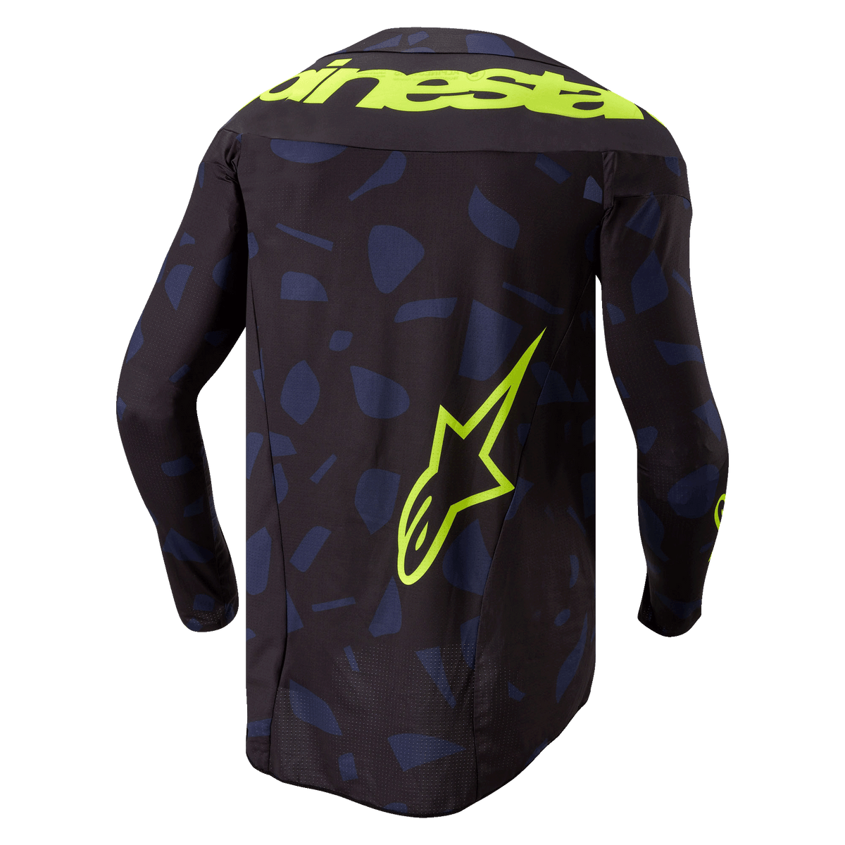 Alpinestars 2024 Techstar Rantera Jersey, motocross jersey, zwart navy geel fluo, achteraanzicht, met een marineblauw geometrisch patroon op een zwarte basis, opvallende fluogele Alpinestars-tekst over de schouders en een groot sterlogo op de onderrug, technische kleding met lange mouwen voor off-road racing