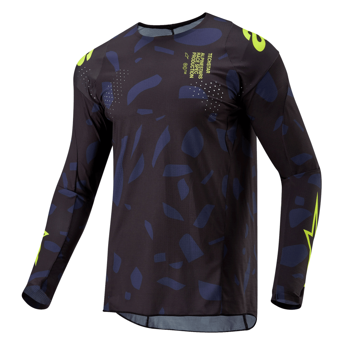 Alpinestars 2024 Techstar Rantera Jersey, motorcross shirt, zwart, marineblauw en neongeel, lange mouwen, atletische pasvorm met abstract patroon, neongele branding en tekstdetails, ontworpen voor off-road prestaties