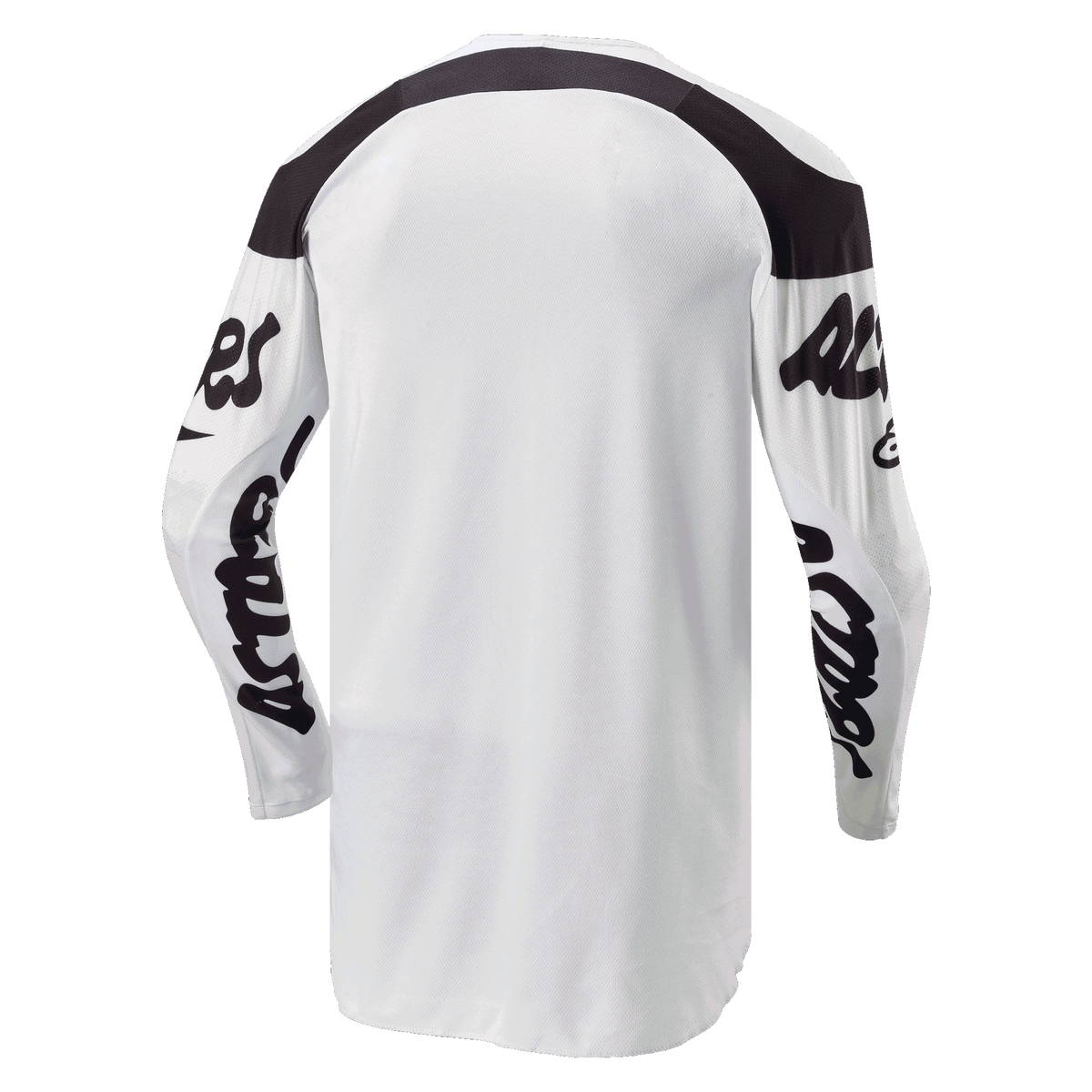 Alpinestars 2024 Racer Hana Jersey, Motocross Jersey, White and Black, back view featuring dropped tail for coverage, black panels on shoulders and black script logos on sleeves, durable moisture-wicking fabric for off-road performance