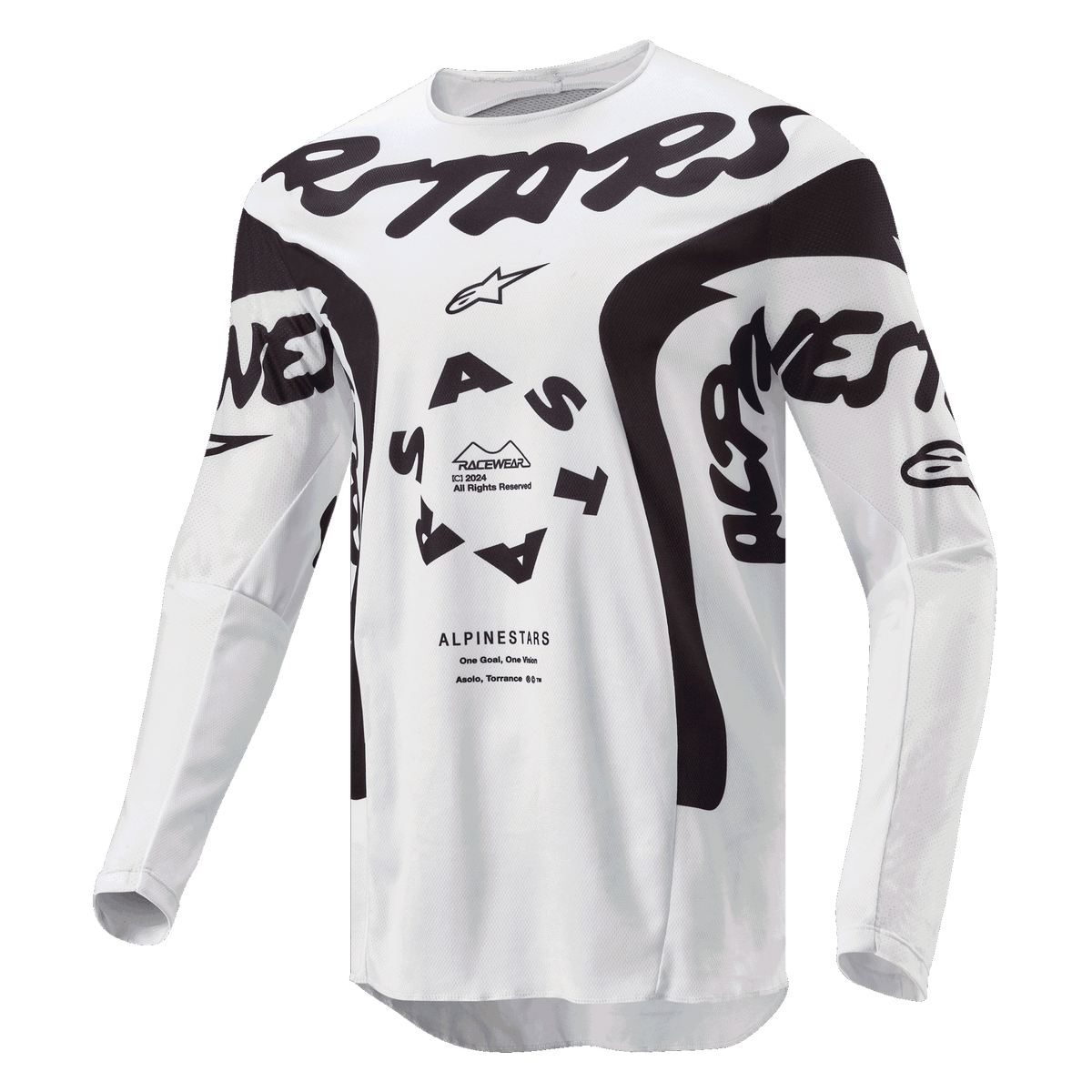Alpinestars 2024 Racer Hana Jersey, Motocross Jersey, White and Black, featuring bold black Alpinestars branding across the chest, circular ASTARS logo, and technical mesh panels for off-road performance.