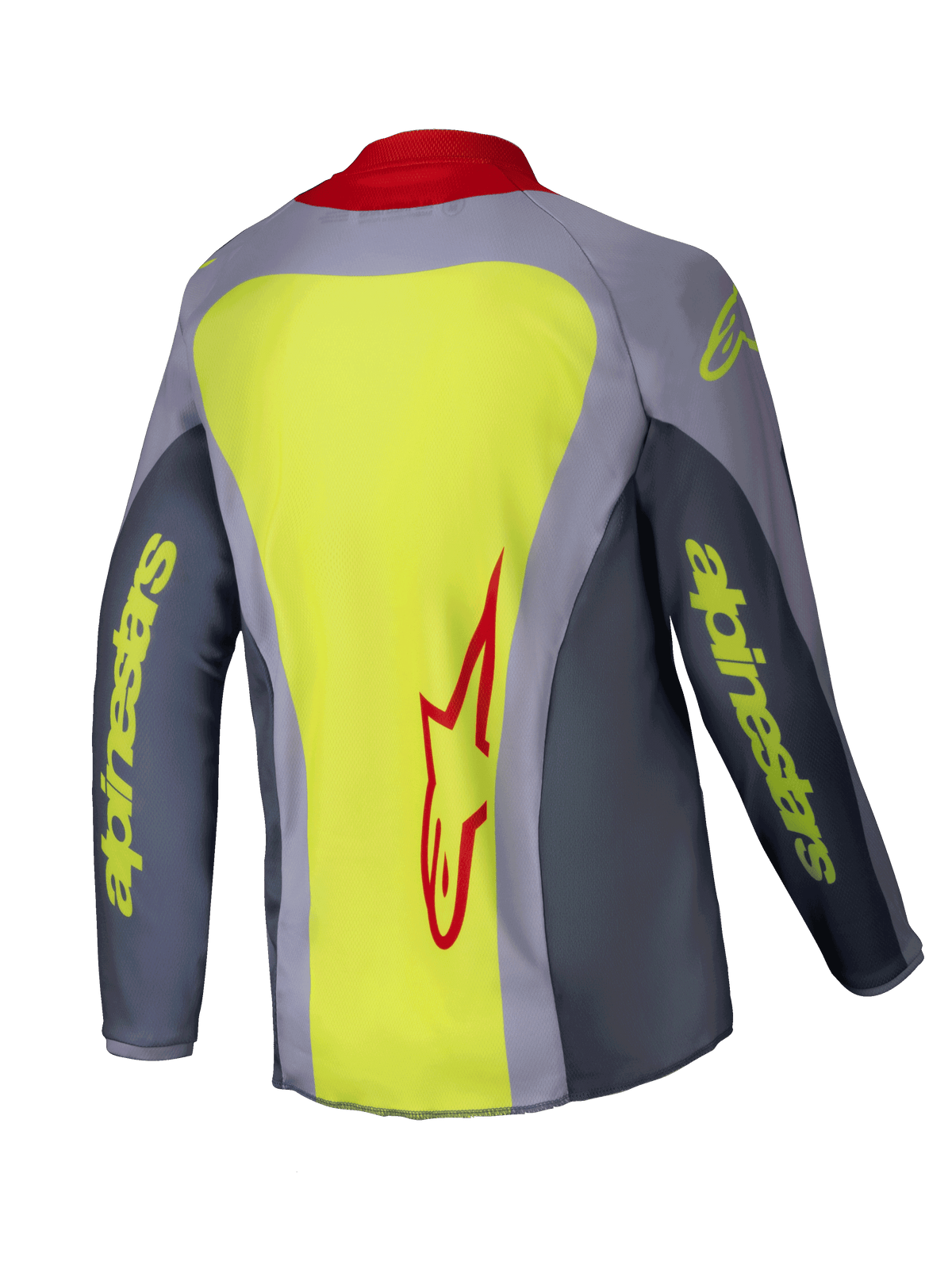 Alpinestars 2025 Youth Racer Melt Jersey, jeugd motorcross shirt, felrood grijs, achteraanzicht met een groot neongeel paneel en rood Alpinestars-logo, grijze mouwen met neongele branding, rode kraag, technische sportieve pasvorm voor off-road racing