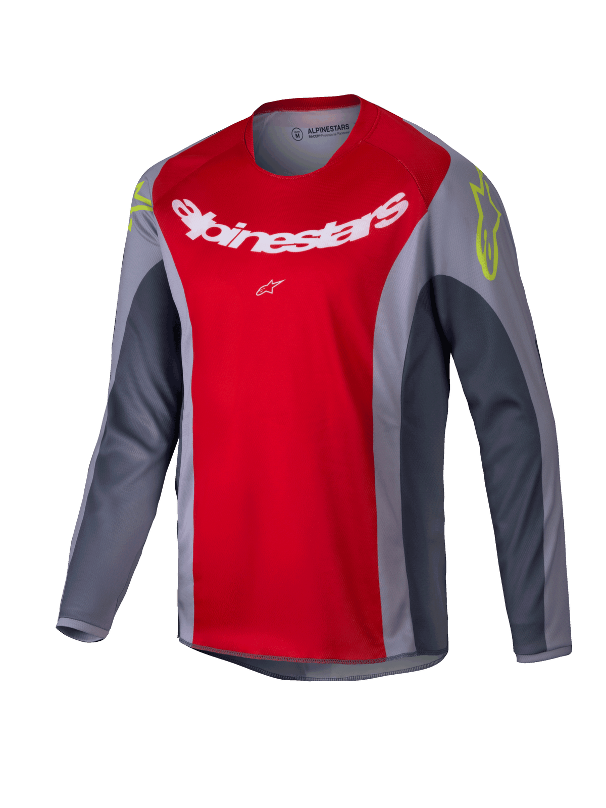 Alpinestars 2025 Youth Racer Melt Jersey, jeugd motorcrossshirt, felrood en grijs, voorzien van een groot wit logo op de borst en neongele accenten op de schouders, technische stof met lange mouwen voor off-road rijden