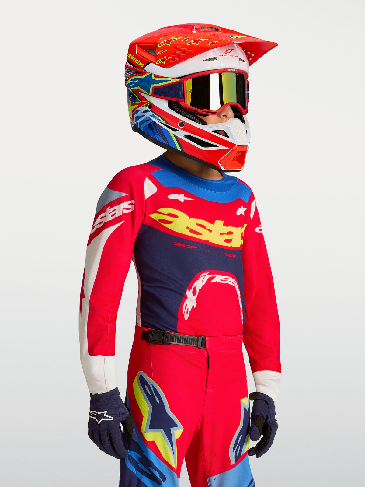 Alpinestars Jeugd Supertech Dyna Jersey 2027, rood en donkerblauw, lichtgewicht stretchmesh motorcrossjersey voor racing.