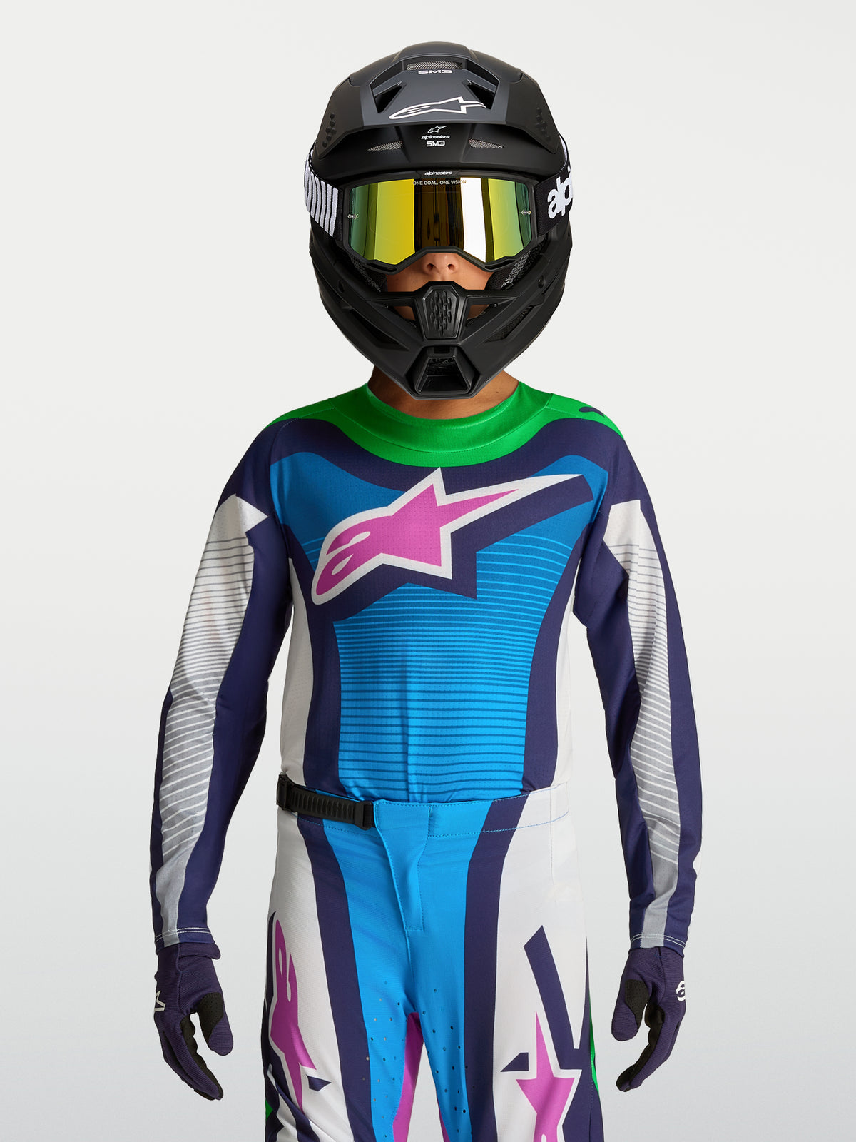 Alpinestars Jeugd Supertech Maven jersey 2027, professionele motocrossjersey voor jongeren, blauw en wit met roze accenten, ademende stretchmesh voor off-road racing.