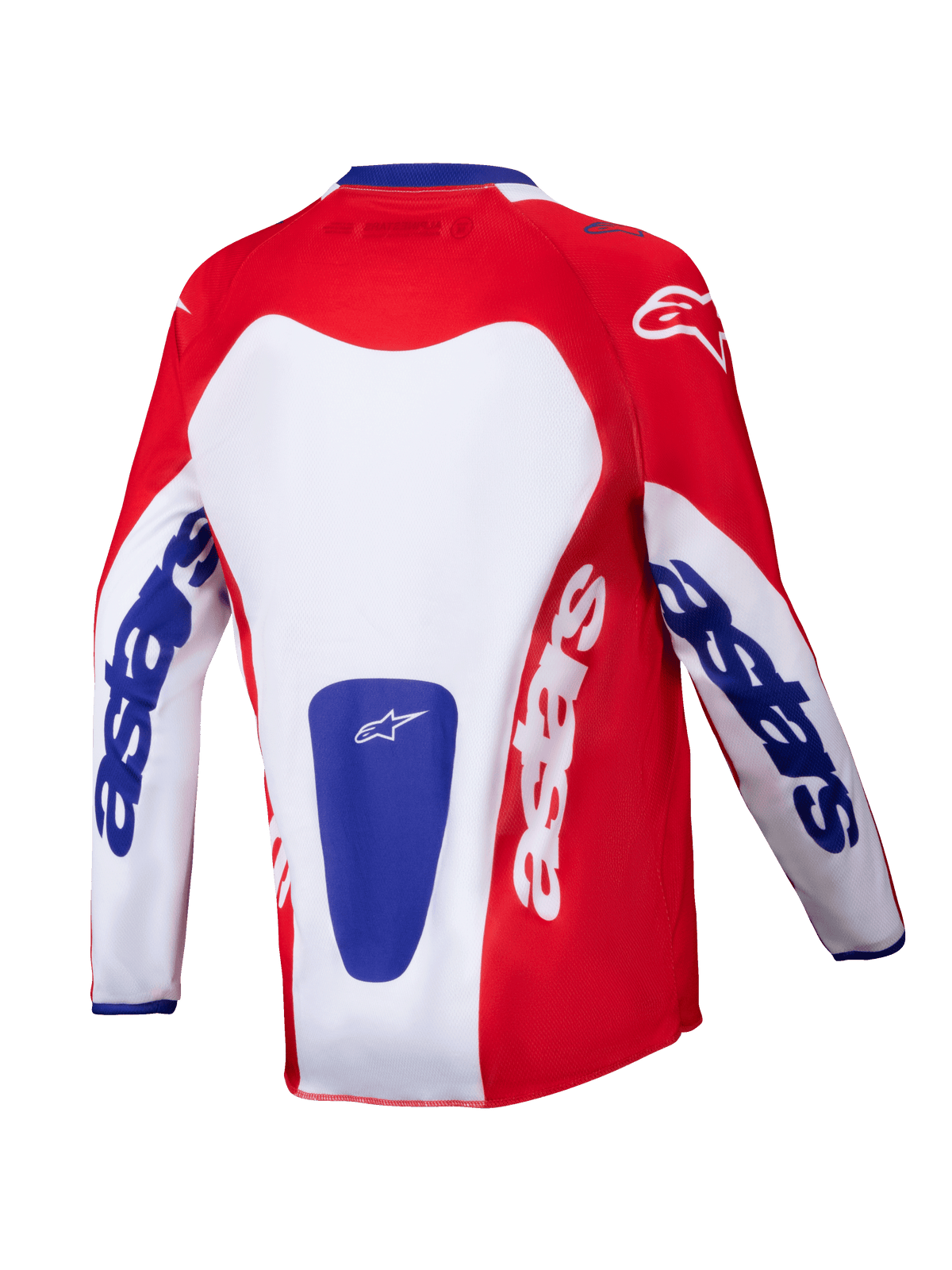 Alpinestars 2025 Youth Racer Veil Jersey, jeugd motocross shirt, helder rood en wit met blauwe accenten, achteraanzicht met opvallende 'astars' branding op de mouwen en rug, ontworpen voor off-road prestaties voor de jeugd
