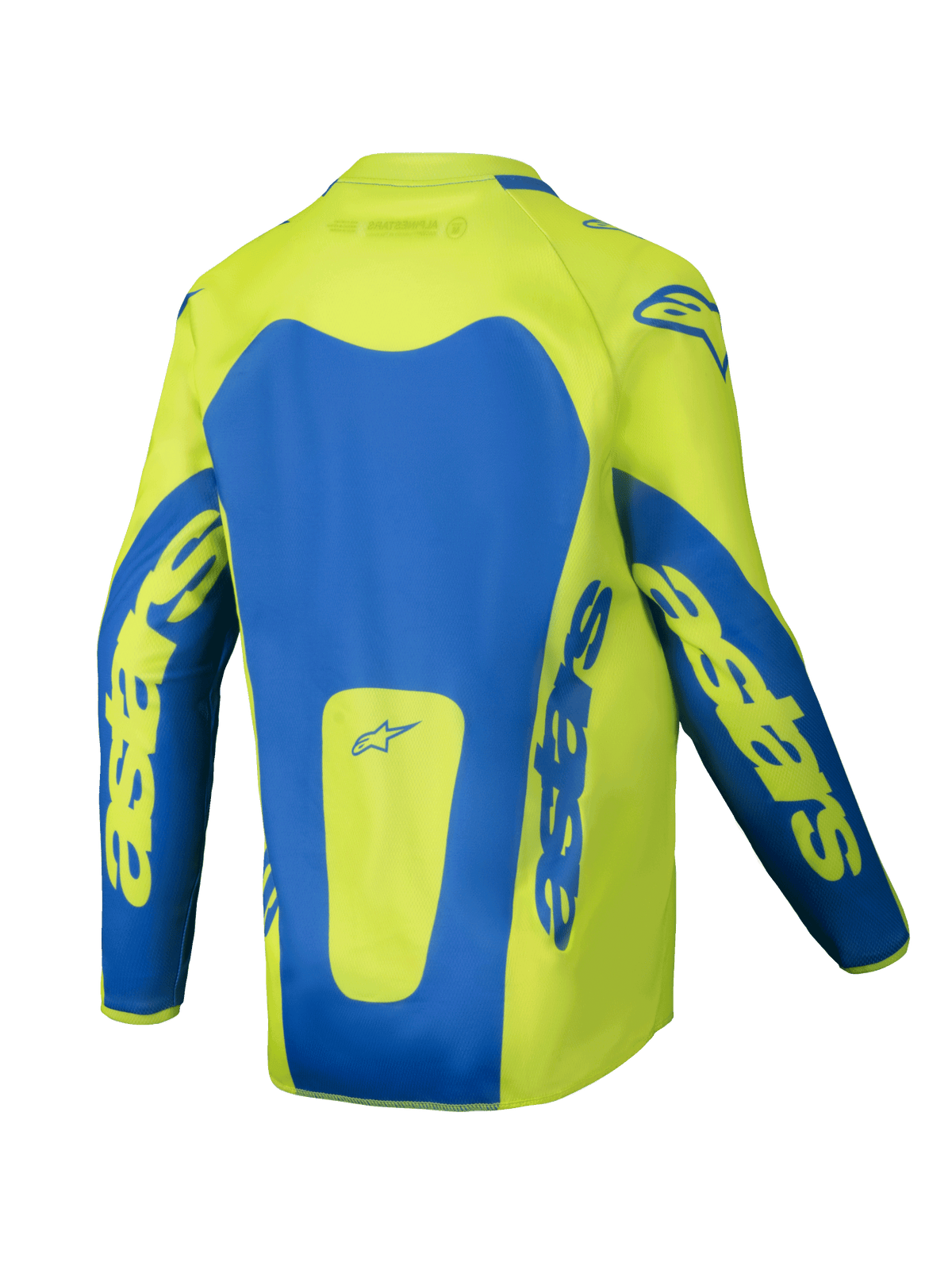 Alpinestars 2025 Youth Racer Veil Jersey, motocross jersey, fluogeel en blauw, achteraanzicht met opvallende blauwe panelen en Astars-branding op de mouwen, langer achterpand voor bedekking, lichtgewicht vochtafvoerende stof voor off-road racen.