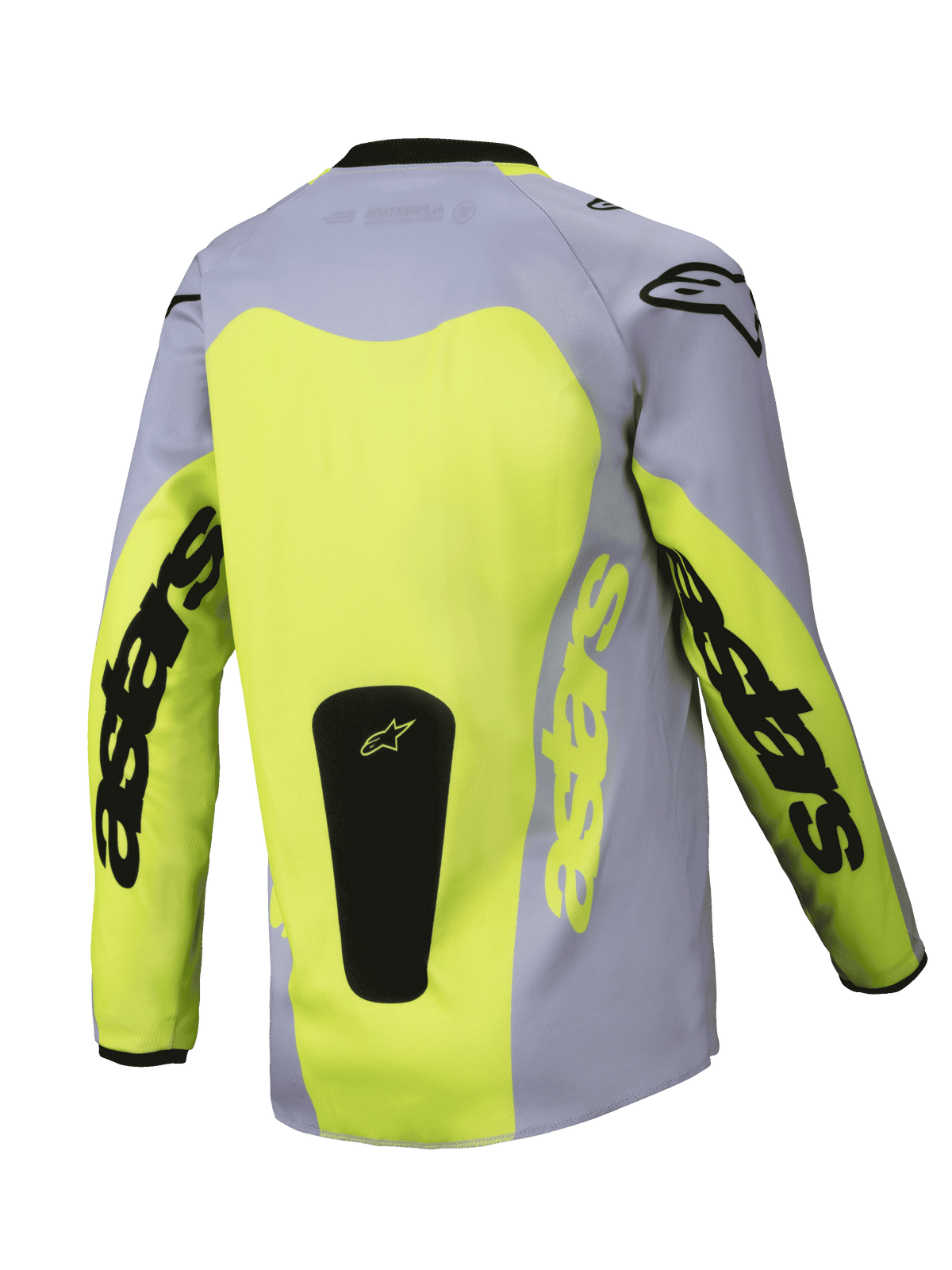 Alpinestars 2025 Youth Racer Veil Jersey, achteraanzicht, grijs en fluorescerend geel, met een groot geel rugpaneel en Astars-branding op de mouwen, zwarte logopatch aan de onderkant, lichtgewicht motorcrossuitrusting voor off-road rijden