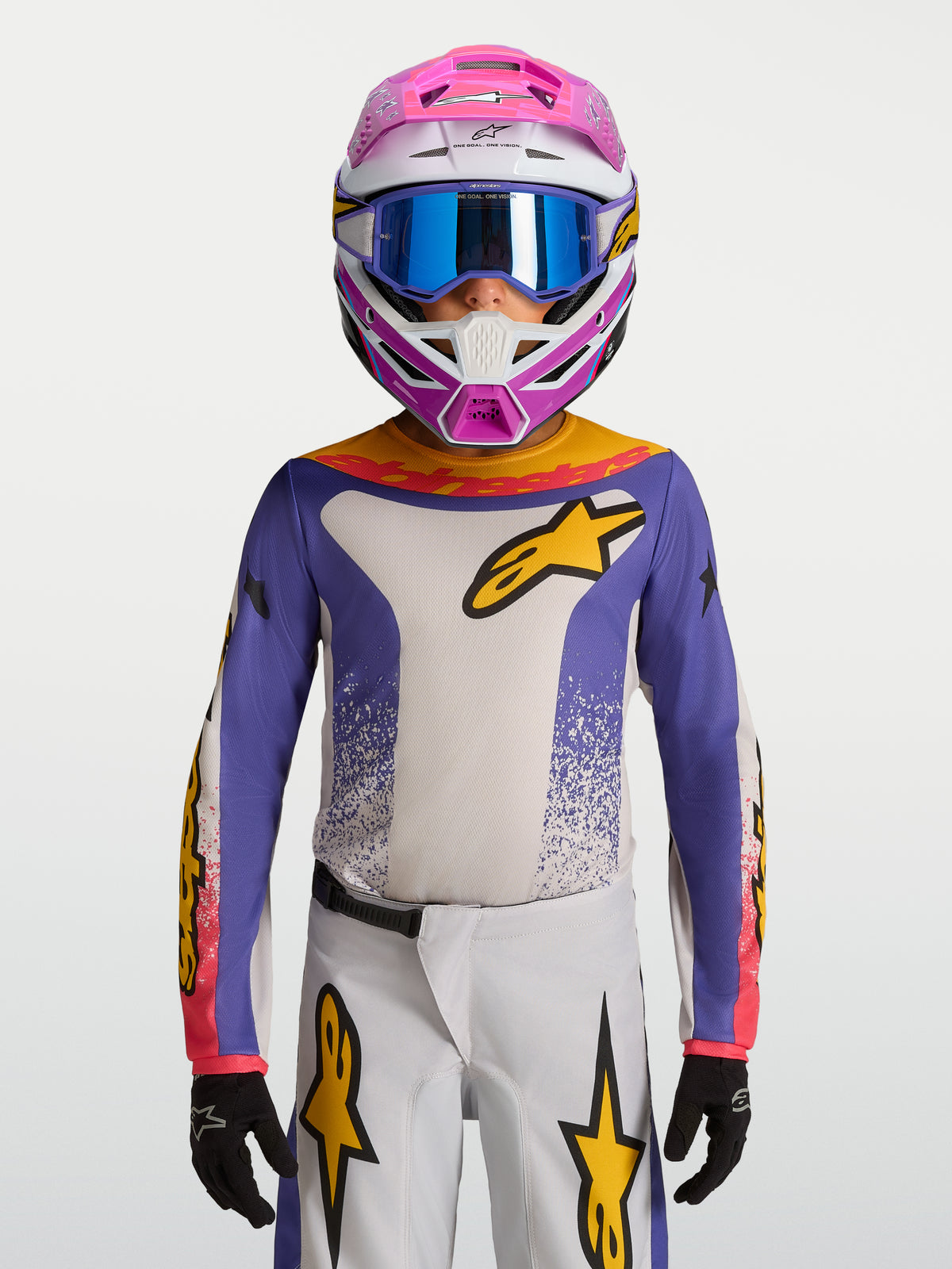 Alpinestars 2027 Youth Fluid Drag Jersey, youth motocross jersey in blue and white with gold accents, breathable textile for off-road riding.