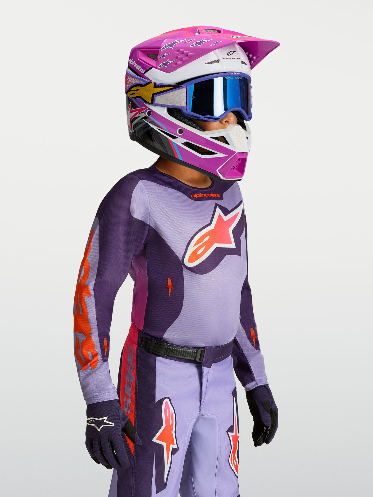 Alpinestars Jeugd Fluid Hunt Jersey 2027, paars en violet motocrossjersey voor kinderen, vochtafvoerende textielconstructie.