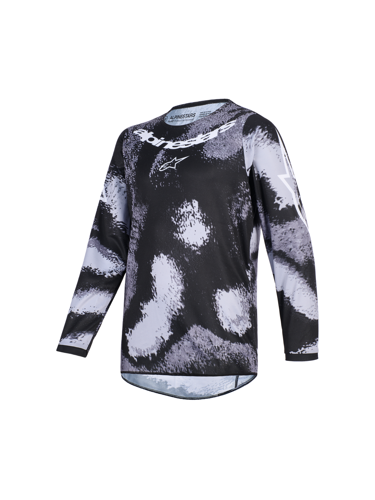 Alpinestars 2026 Racer Lahnd Jersey, Motocross Jersey, Iron Camo, Black and grey camouflage pattern, white Alpinestars wordmark and logo on chest, long-sleeve performance off-road apparel