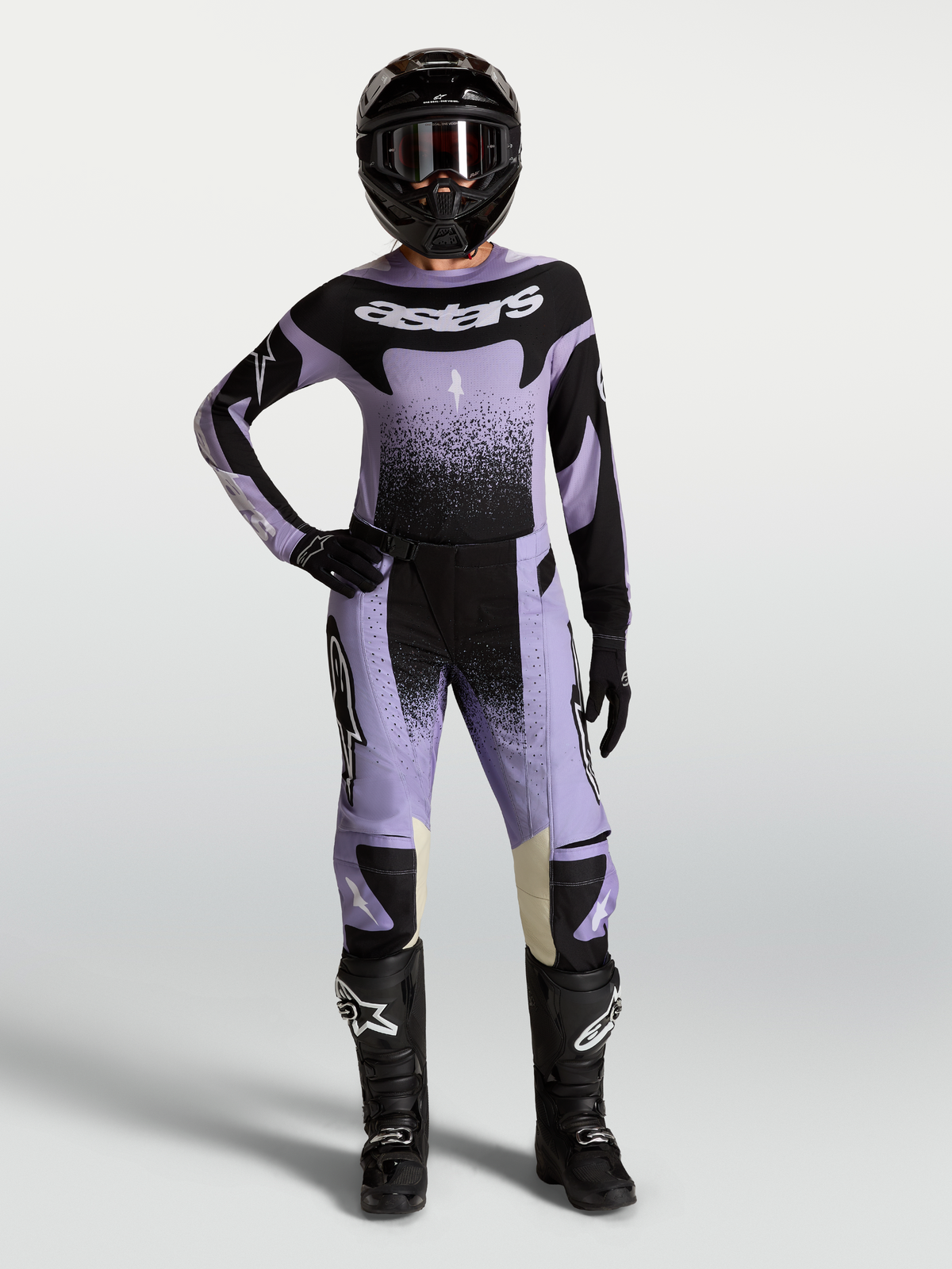 Alpinestars Stella Techstar Swan broek, dames-motorcrossbroek in paars en zwart, ontworpen voor off-road prestaties.