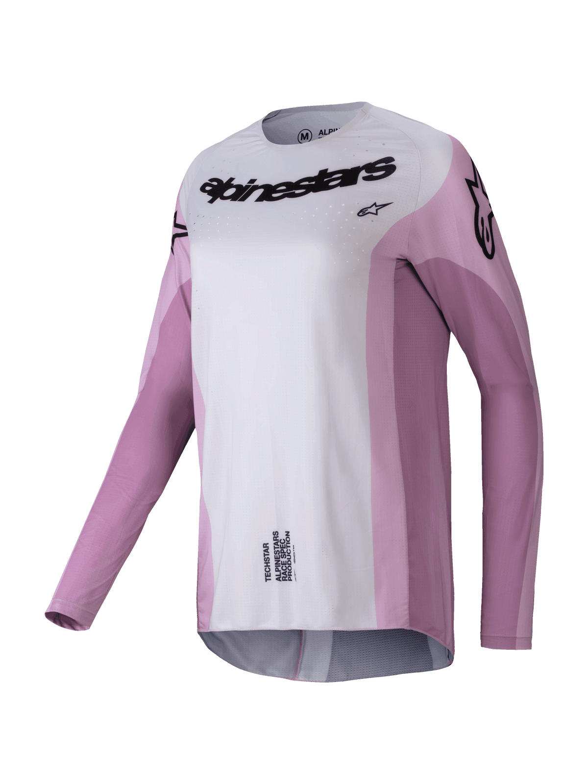 Alpinestars 2025 Stella Techstar Melt Jersey, motocross jersey voor dames met lange mouwen, blush roze en lichtgrijs met zwarte logo's, lasergesneden perforaties voor ventilatie, atletische racekleding