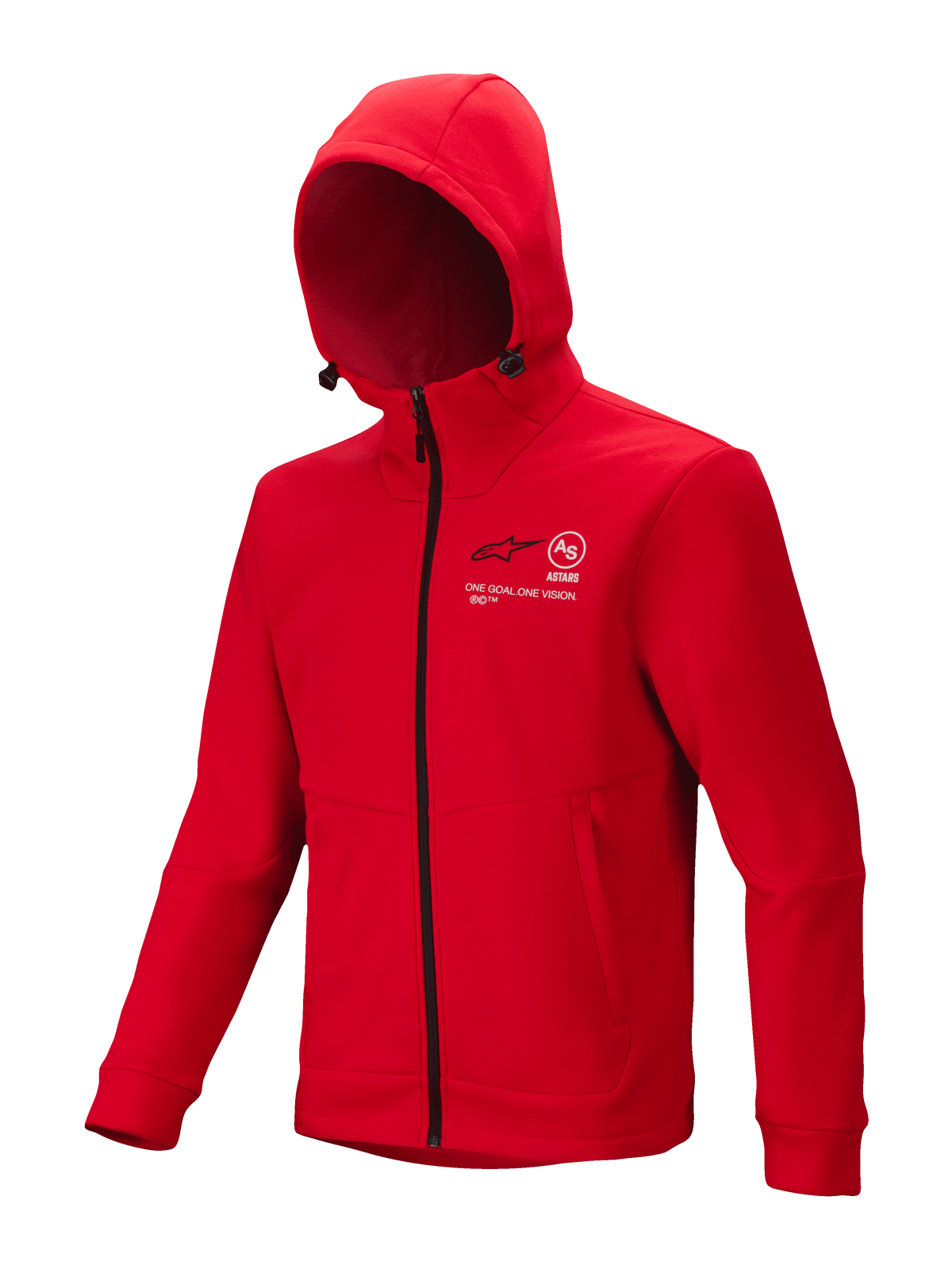 Alpinestars Racer MX Fleece, Bright Red Motocross Hoodie, full-length black zipper, adjustable hood, white Astars and One Goal One Vision branding on chest, zippered hand pockets, motorsport casual outerwear
