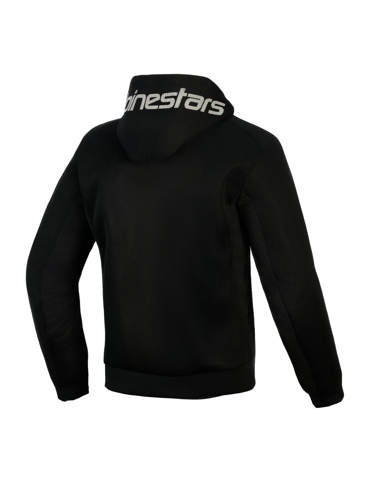 Alpinestars Chrome Superairflow Hoodie, zwart, achteraanzicht, met witte Alpinestars-branding op de capuchon, volledige 3D technische mesh-constructie voor ventilatie, beschermende motorkleding voor warm weer