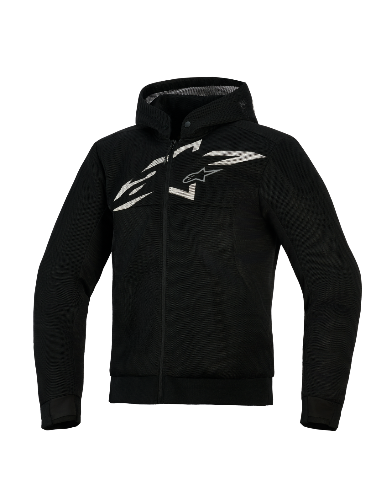 Alpinestars Chrome Superairflow Hoodie, geventileerde motorhoodie, zwart met wit en grijs logo, voorzien van volledige 3D-meshconstructie, ontwerp met ritssluiting en geïntegreerde capuchon, atletische pasvorm voor sportief rijden