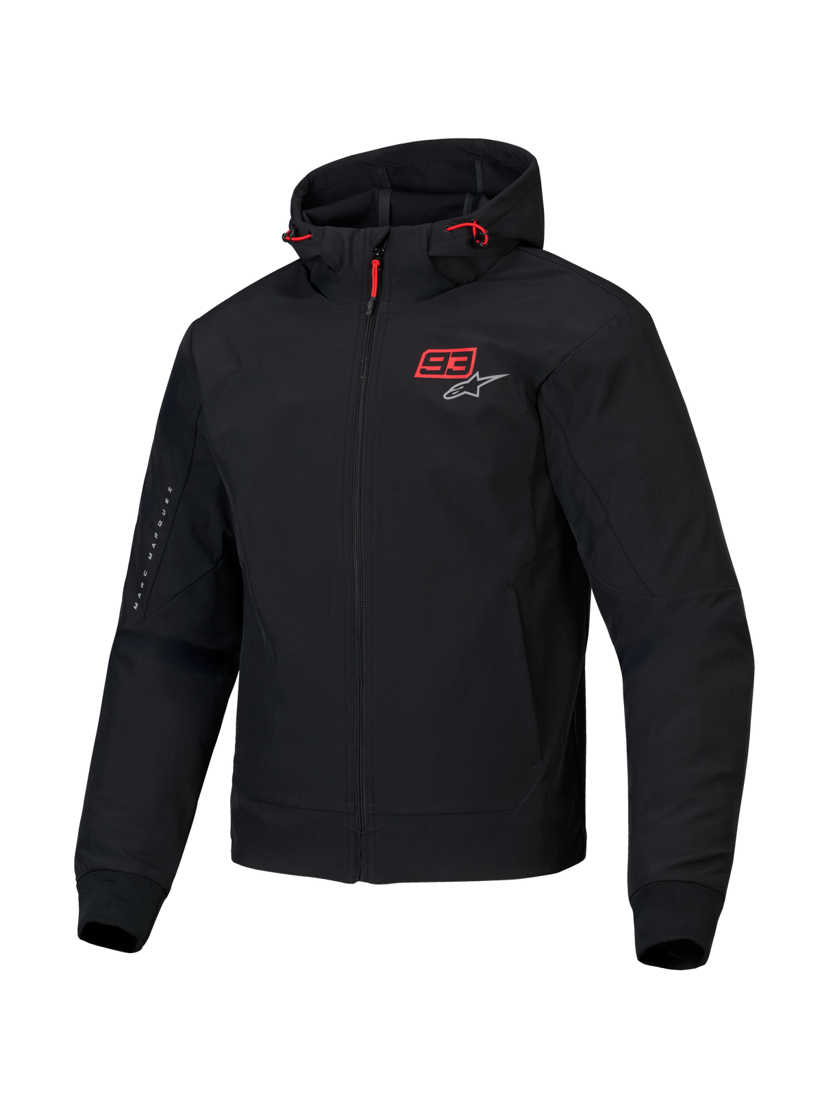 Alpinestars MM93 Radium Tech Hoodie, heren motorjas, zwart met helderrode accenten, winddichte 3L tech shell en CE-gecertificeerde Nucleon Flex Plus-bescherming