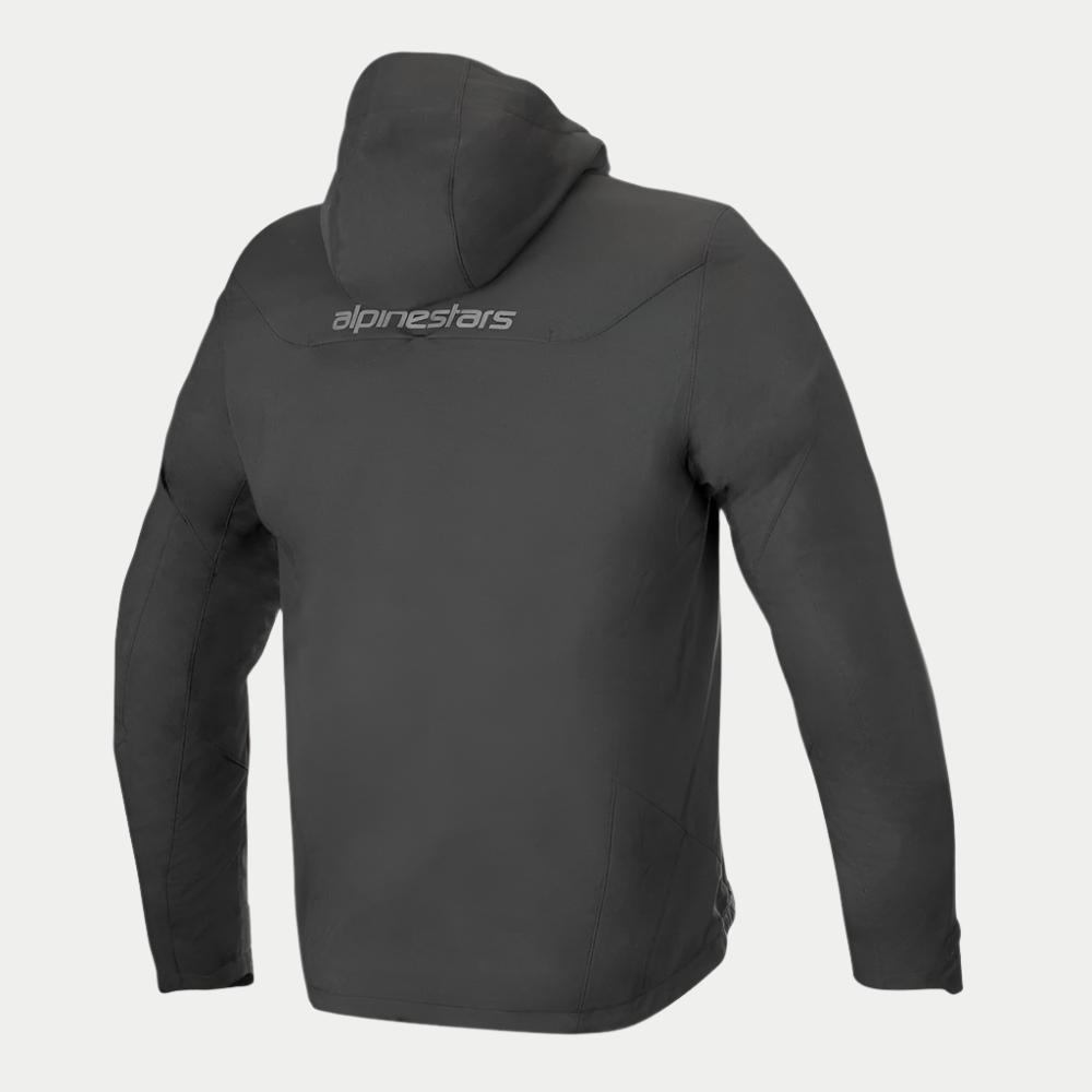 Alpinestars Domino Tech Jacket, urban softshell motorcycle hoodie in Black, featuring a fixed hood and reflective rear logo.