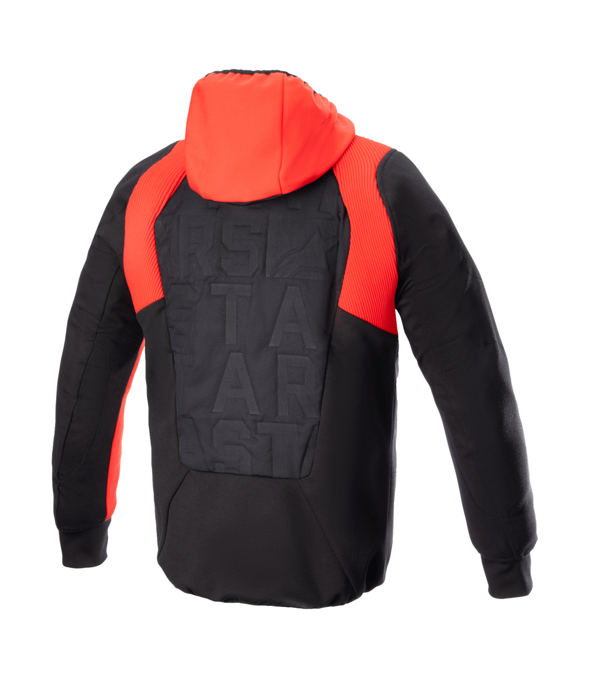 Alpinestars MO.ST.EQ Hybrid Hooded Jacket, achteraanzicht, zwart en Flame Red, voorzien van een felrode capuchon en geribbelde schouderaccenten, naadloos gewatteerd rugpaneel met ton-sur-ton branding, beschermende urban motorhoodie