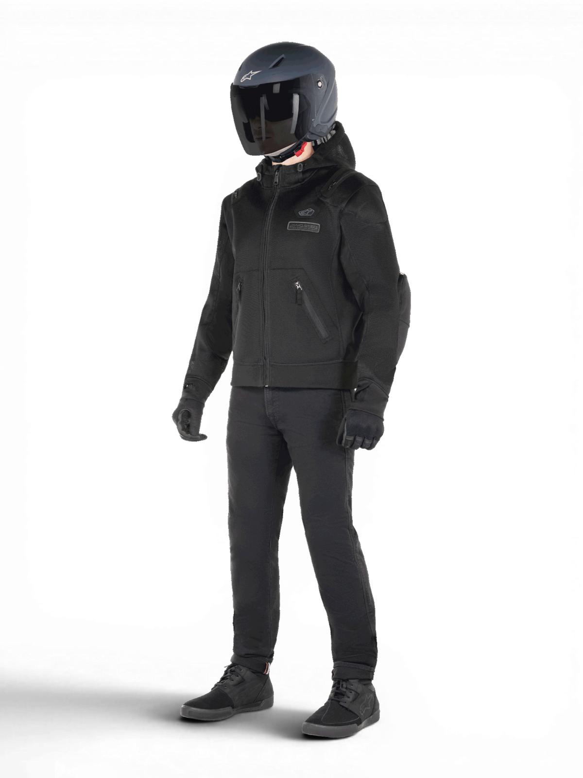 Alpinestars Moflow Air Tech Hoodie, zwarte herenmotorjas van mesh met Tech-Air 3 Ready bescherming, gedragen door model in urban stijl.
